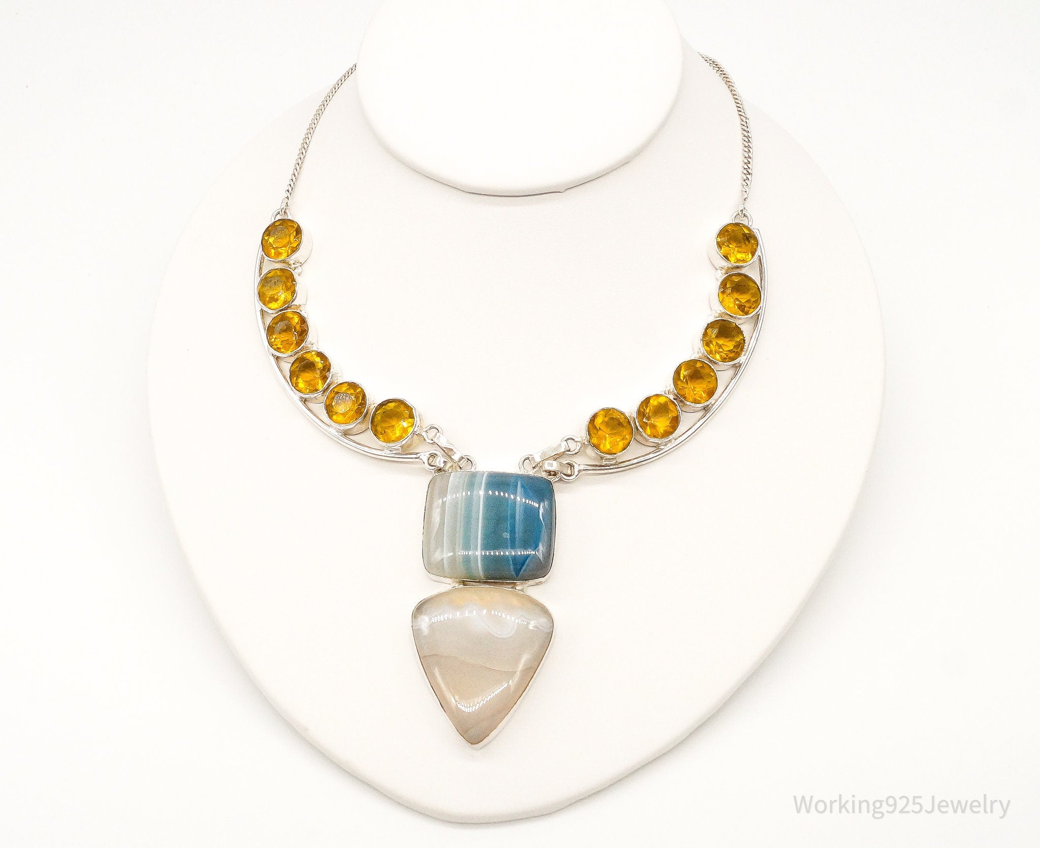 Large Lace Agate Citrine Sterling Silver Necklace