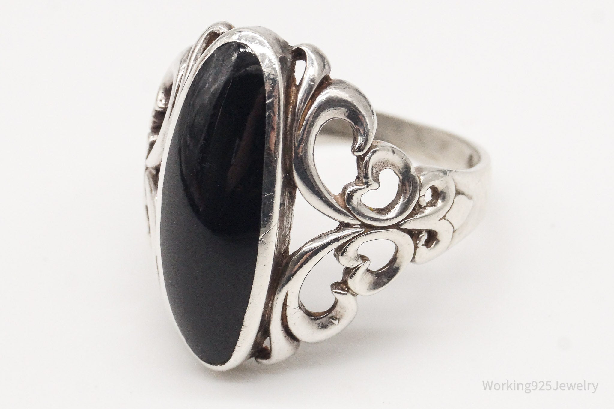 Vintage Designer Kabana Black Onyx Sterling Silver Ring - Size 7.25