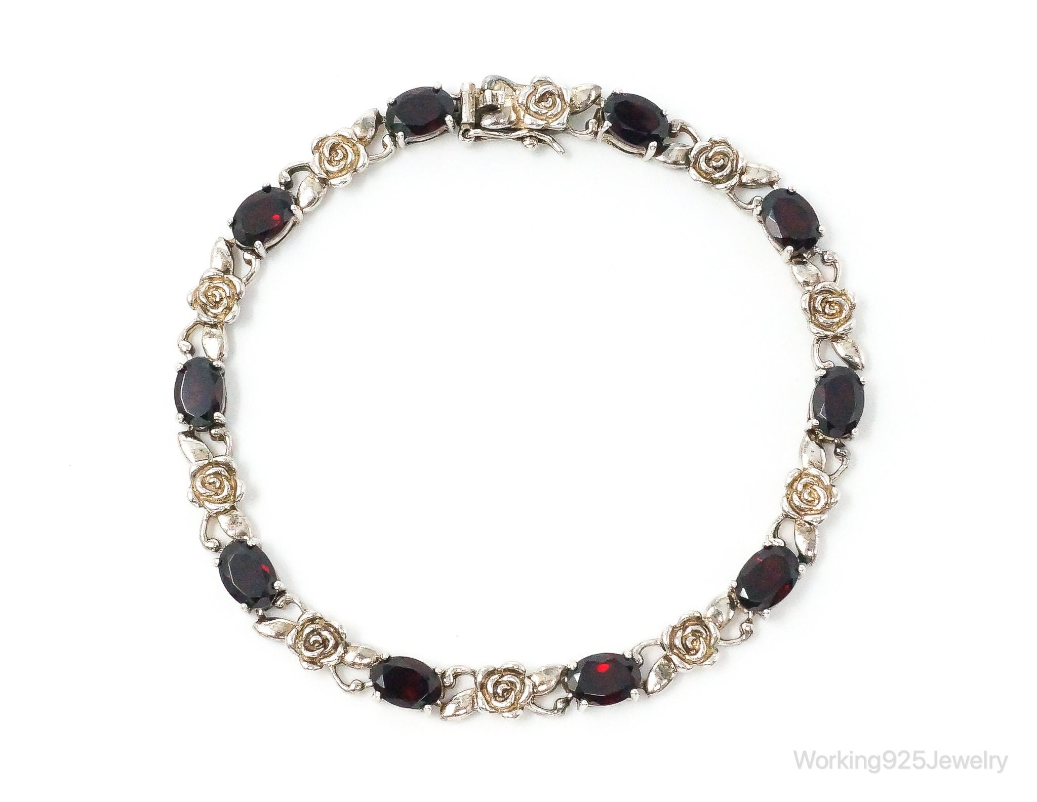 Vintage Garnets & Roses Sterling Silver Bracelet