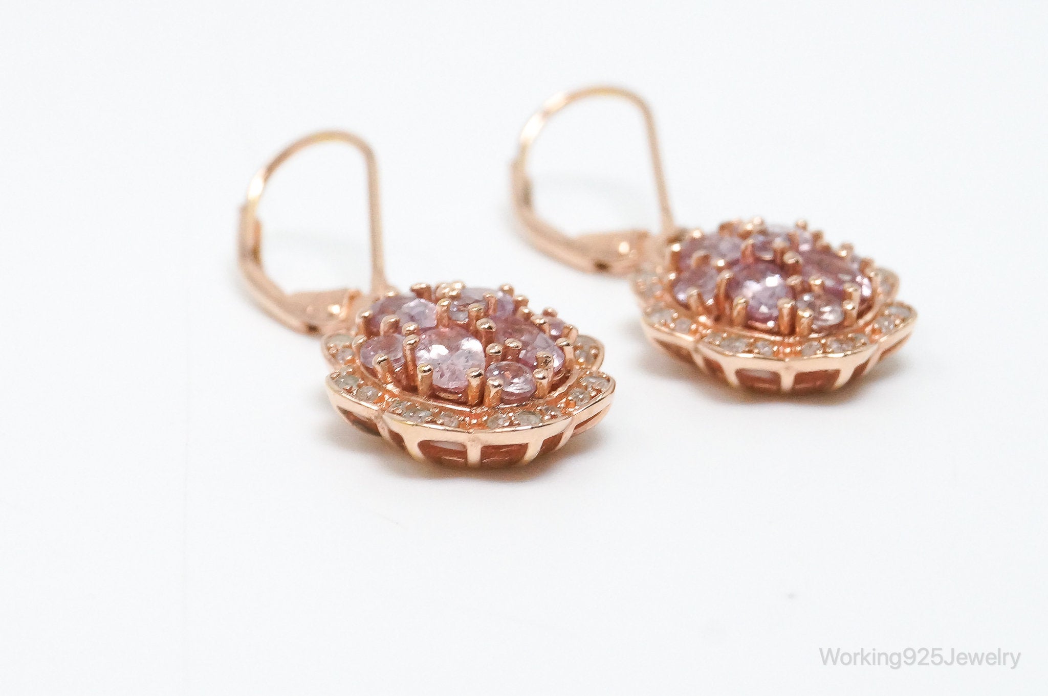 Designer DK CZ Pink Topaz Rose Gold Vermeil Sterling Silver Earrings