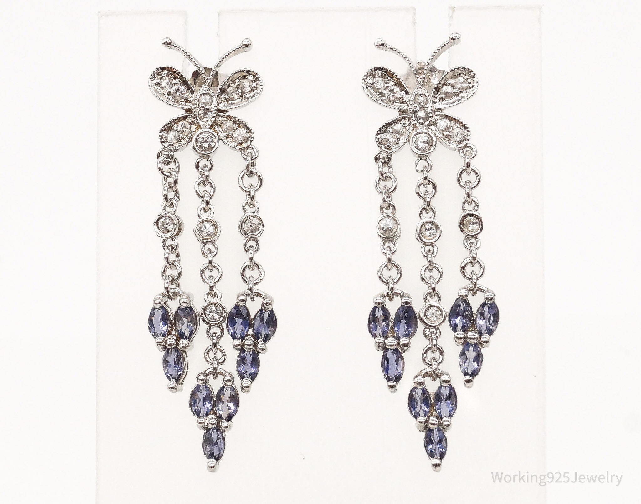 Vintage Iolite Cubic Zirconia Butterfly Sterling Silver Earrings