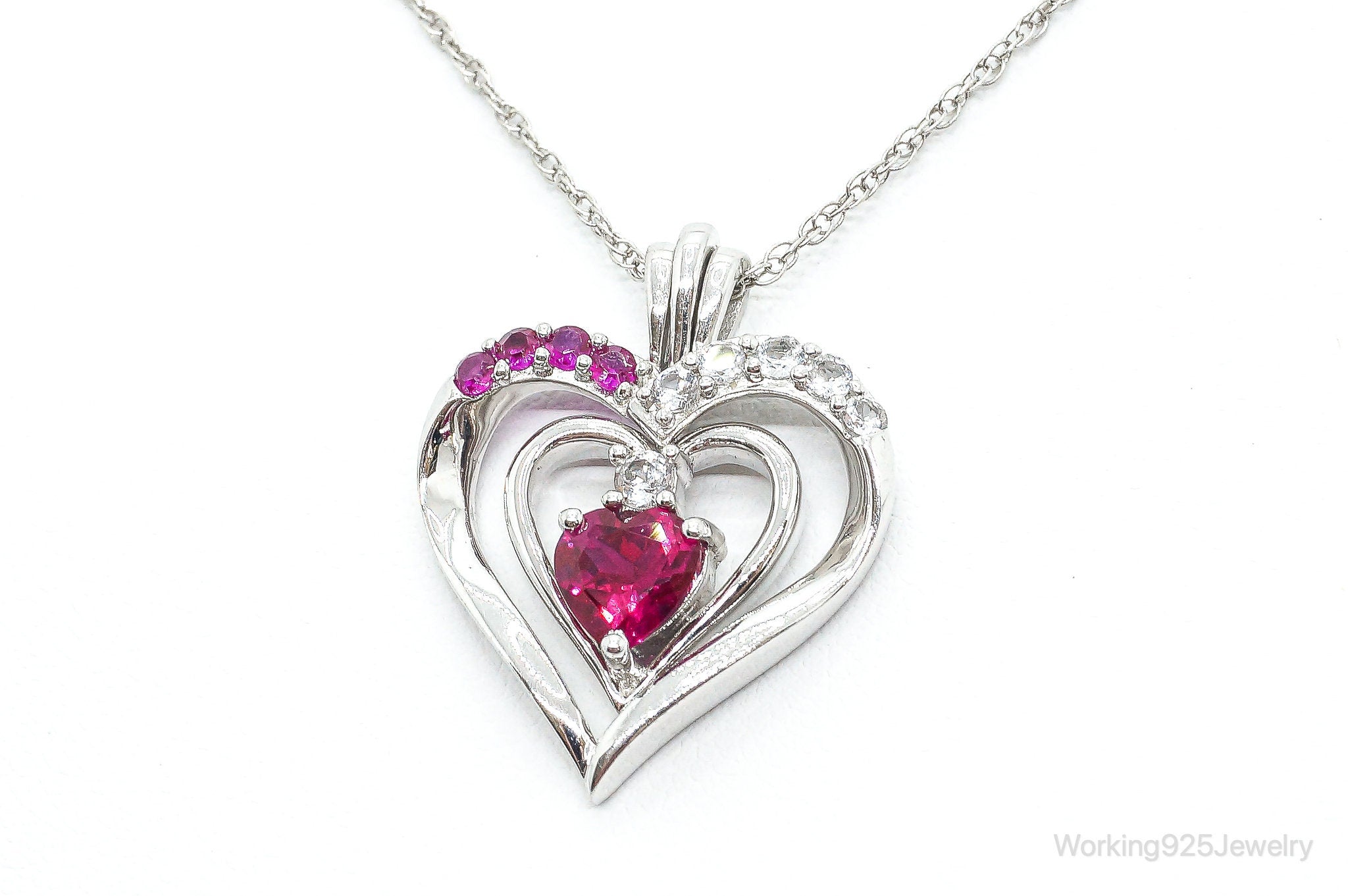 Designer Ruby Cubic Zirconia Heart Sterling Silver Necklace