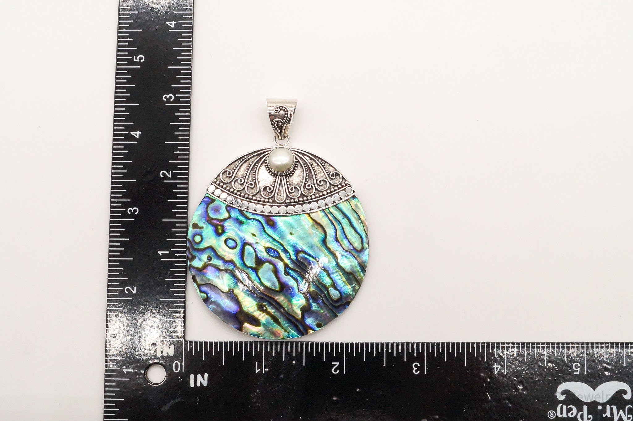 Vintage Designer Merav Large Abalone Shell Pearl Sterling Silver Pendant