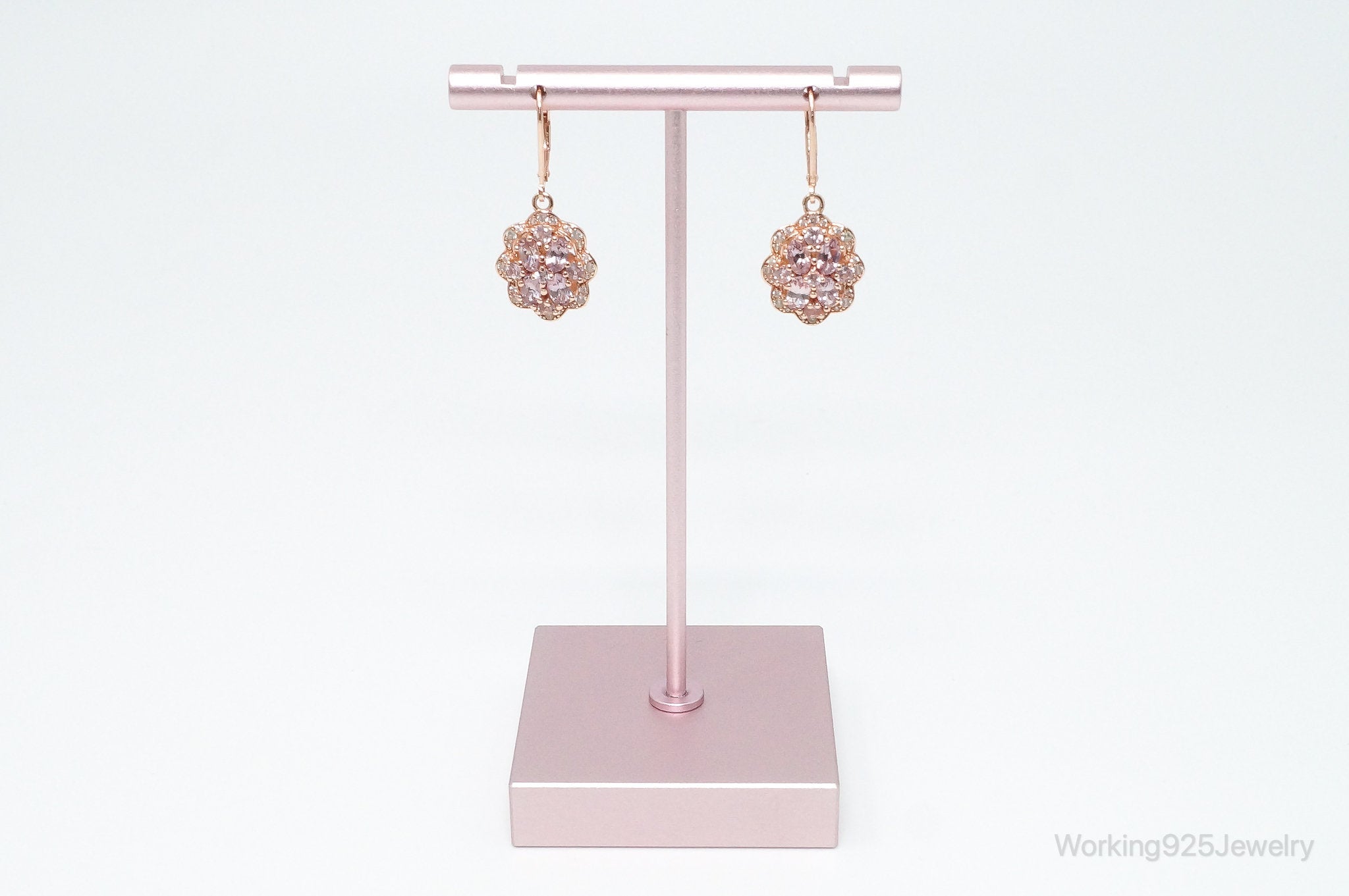 Designer DK CZ Pink Topaz Rose Gold Vermeil Sterling Silver Earrings