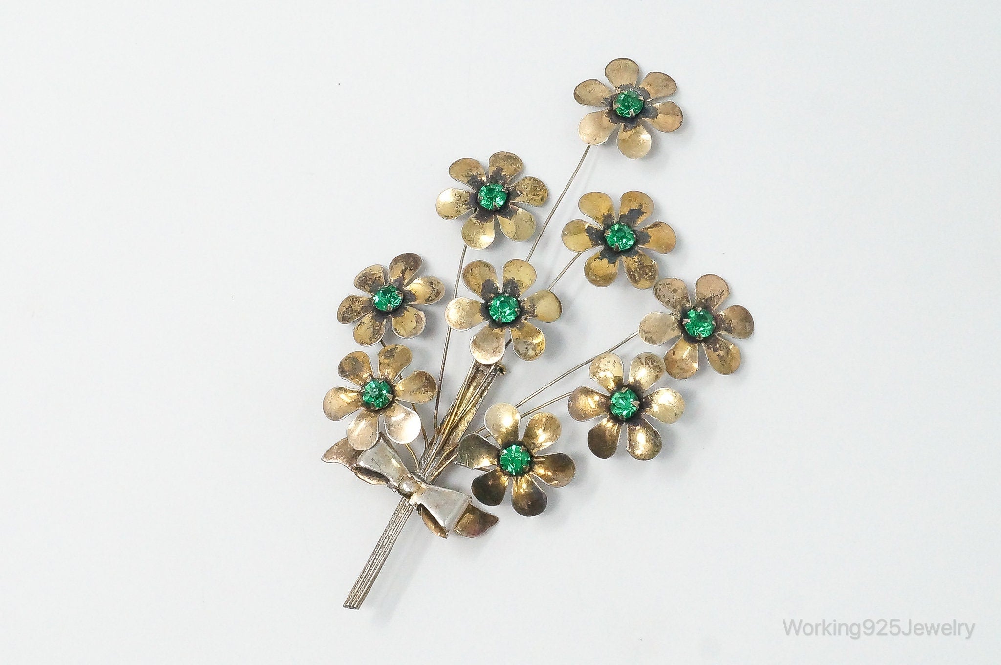 Large Vintage Green Rhinestone Flowers Gold Tone Sterling Silver Brooch Pin