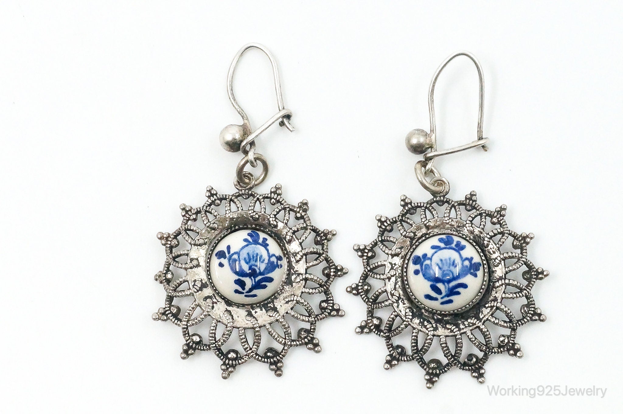 Antique Blue And White Porcelain Floral Pattern Silver Earrings