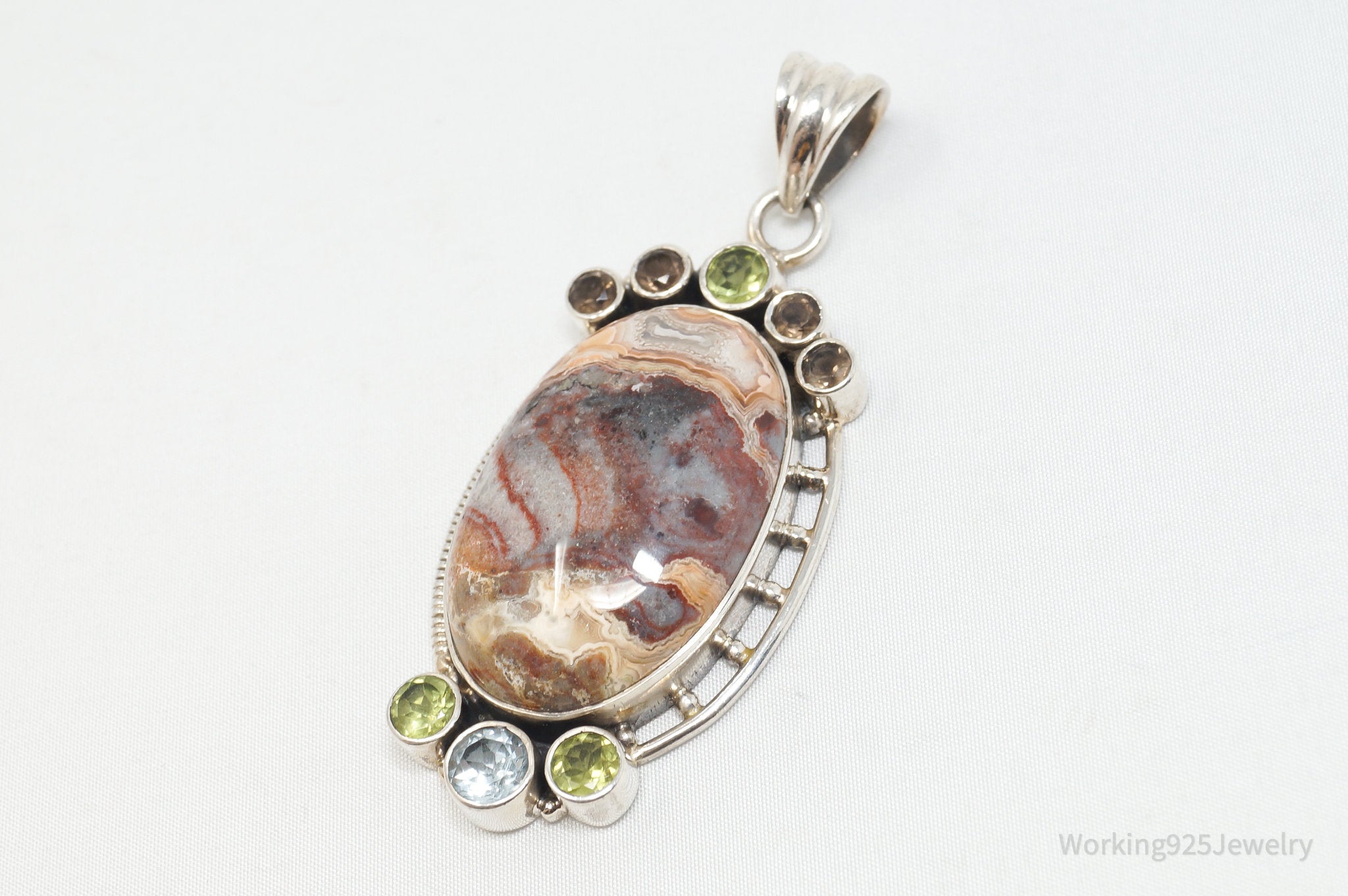 Vintage Large Brown Crazy Lace Agate Peridot Sterling Silver Necklace Pendant