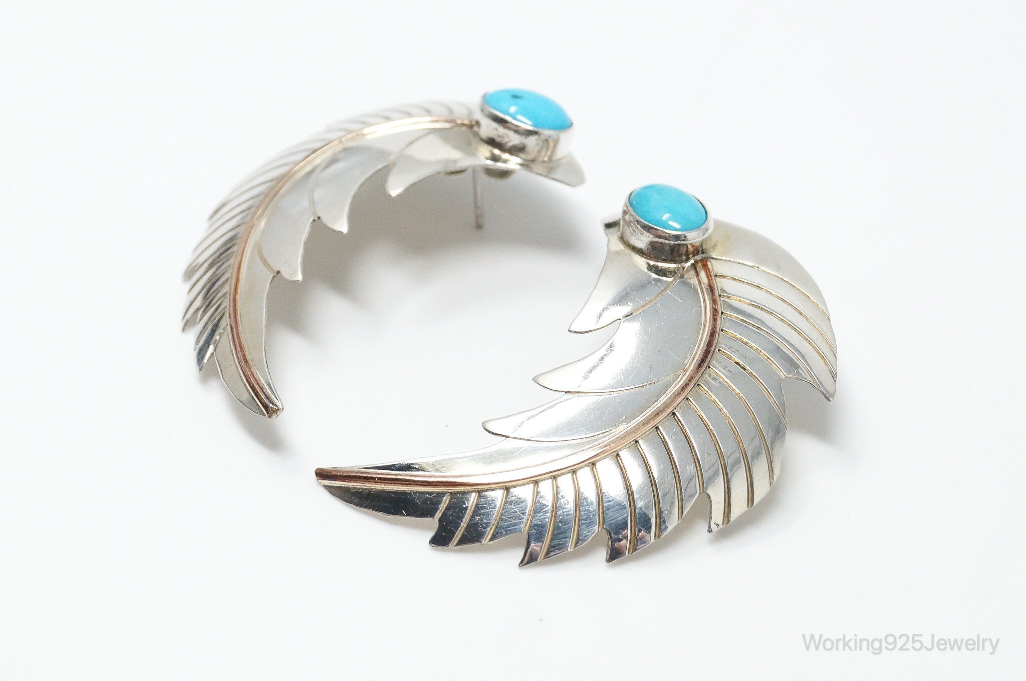 Large Vintage Native American Turquoise Feather Sterling Silver Earrings