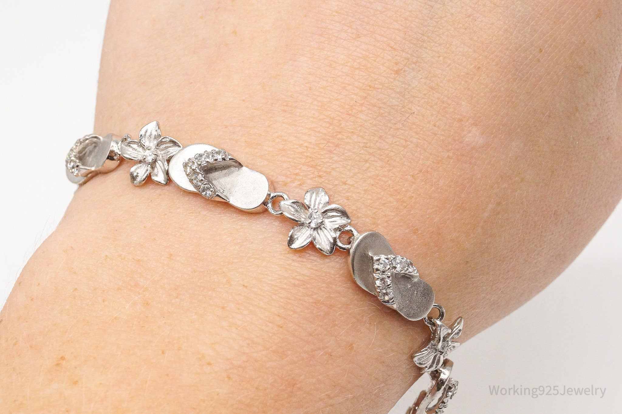 Vintage Cubic Zirconia Sandals & Flowers Sterling Silver Bracelet