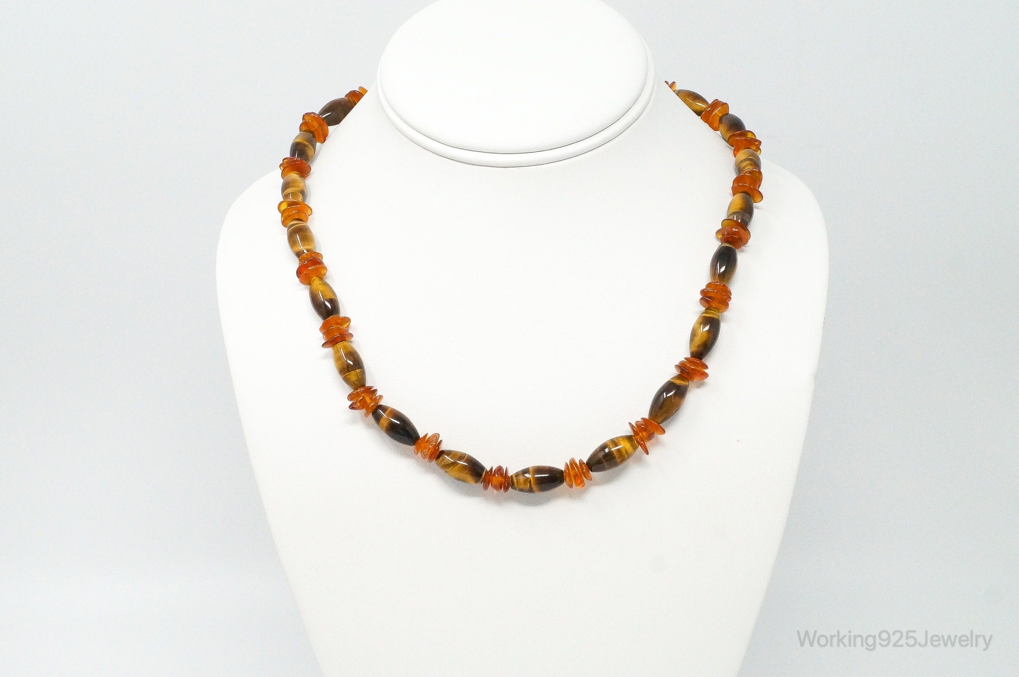 Vintage Designer GSJ Amber Tigers Eye Beads Sterling Silver Necklace