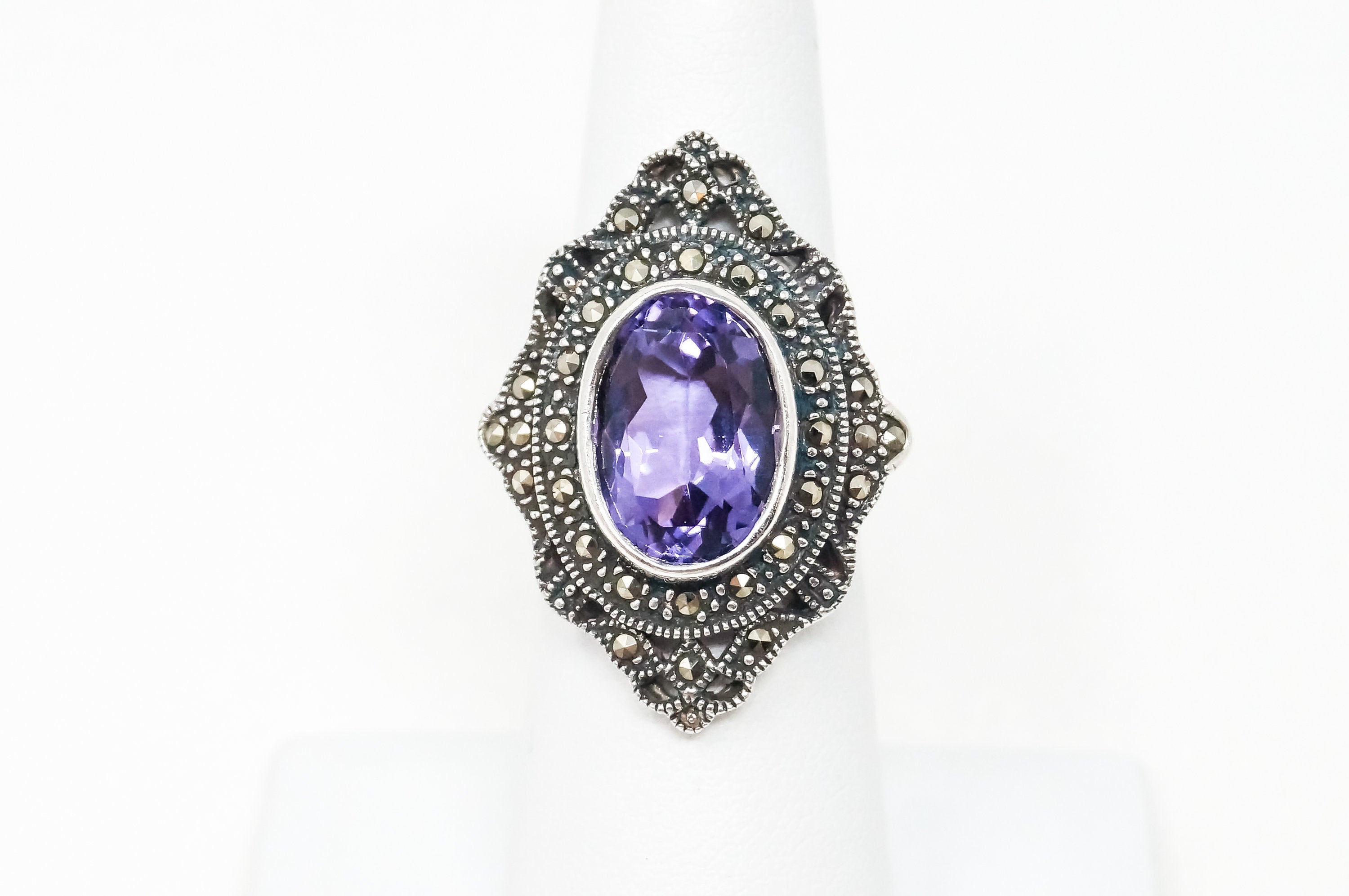 Vintage Art Deco Amethyst Marcasite Sterling Silver Ring - Sz 5.75 - 785044072