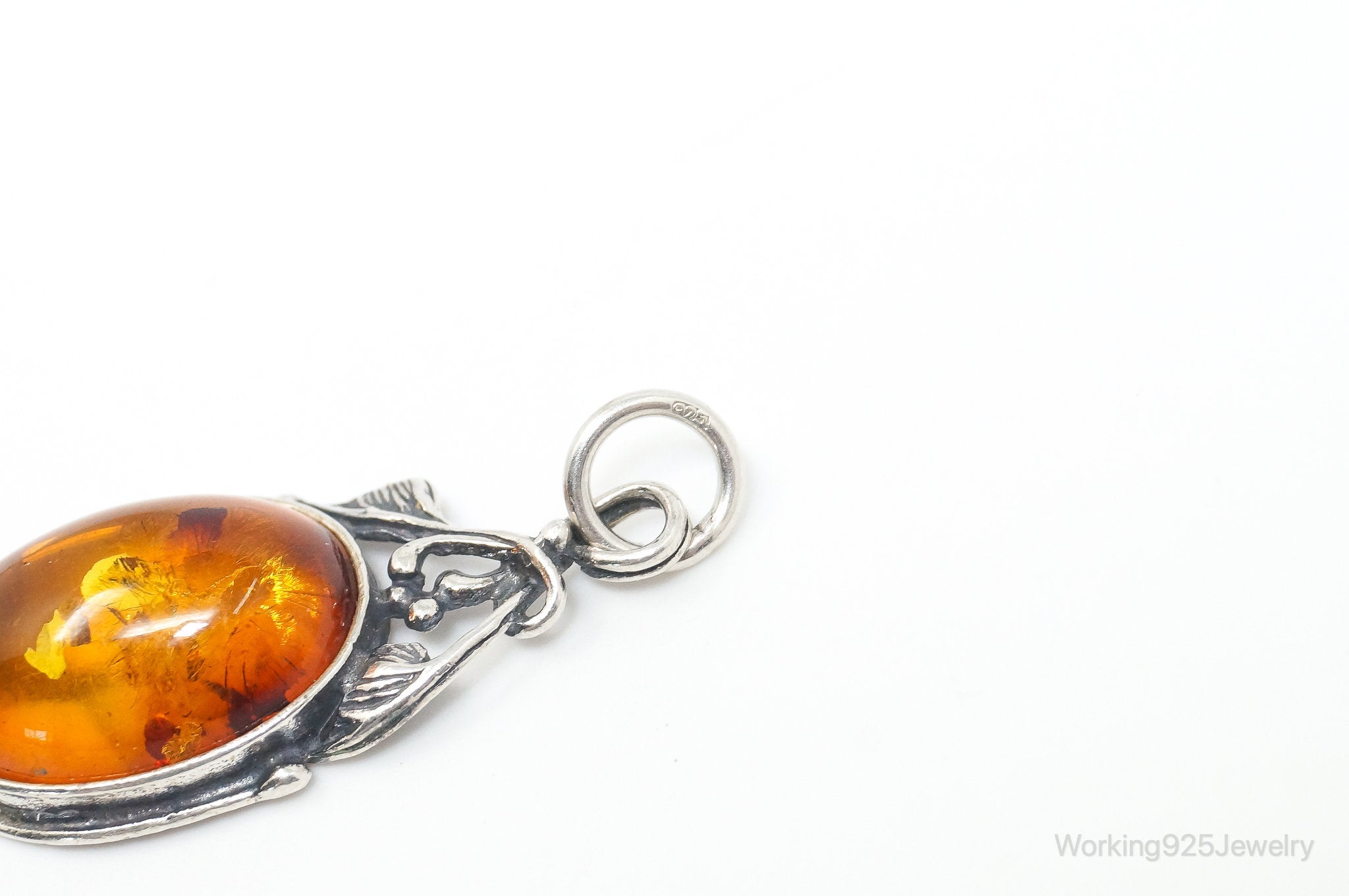 Vintage Amber Modernist Sterling Silver Necklace Pendant