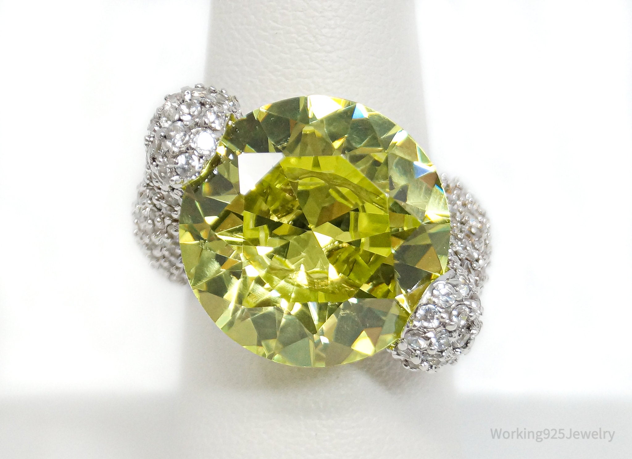 Vintage Designer CWE Art Deco Peridot CZ Sterling Silver Statement Ring - Sz 7