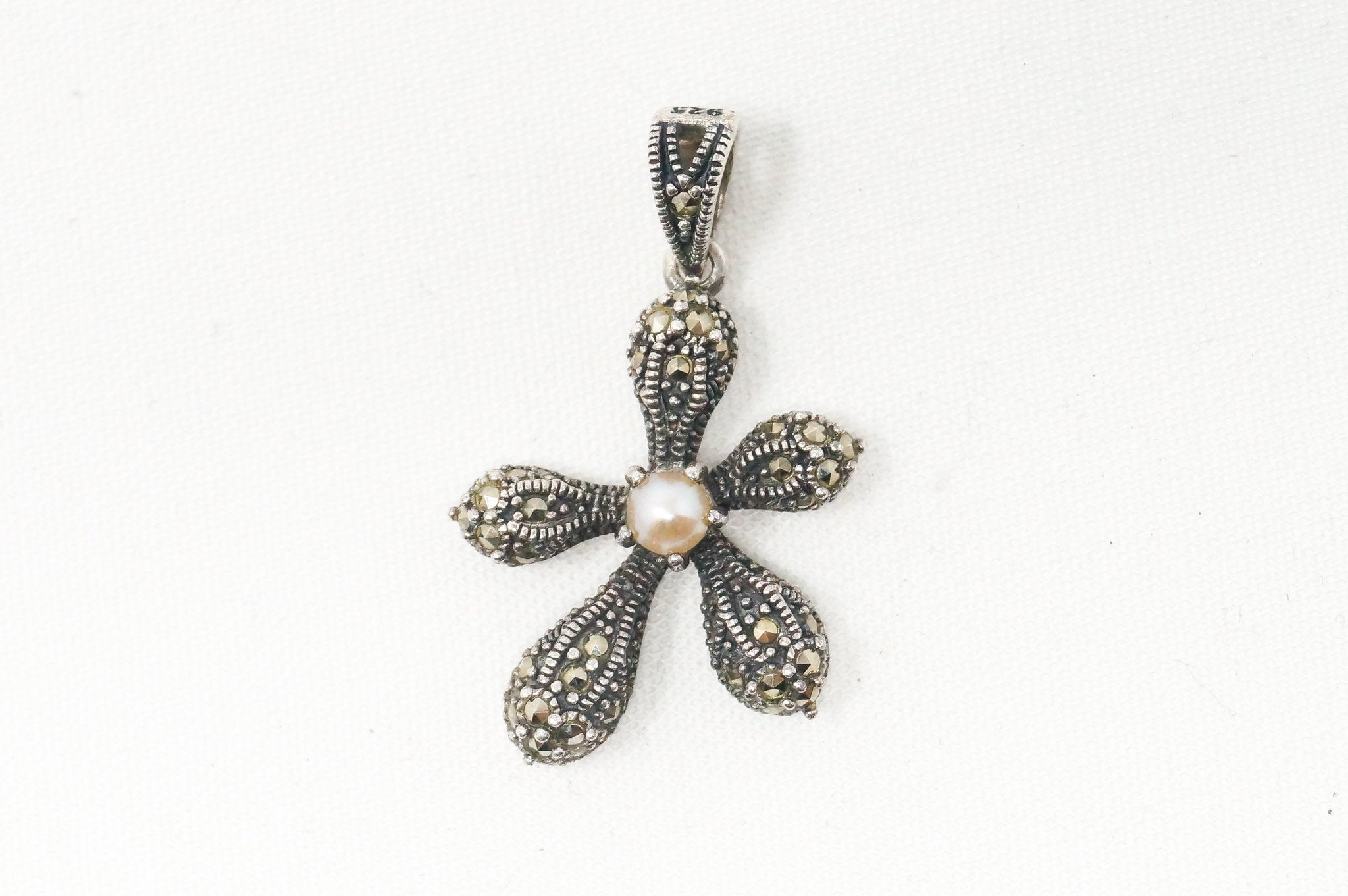 Vintage Flower Pearl Marcasite Sterling Silver Necklace Pendant