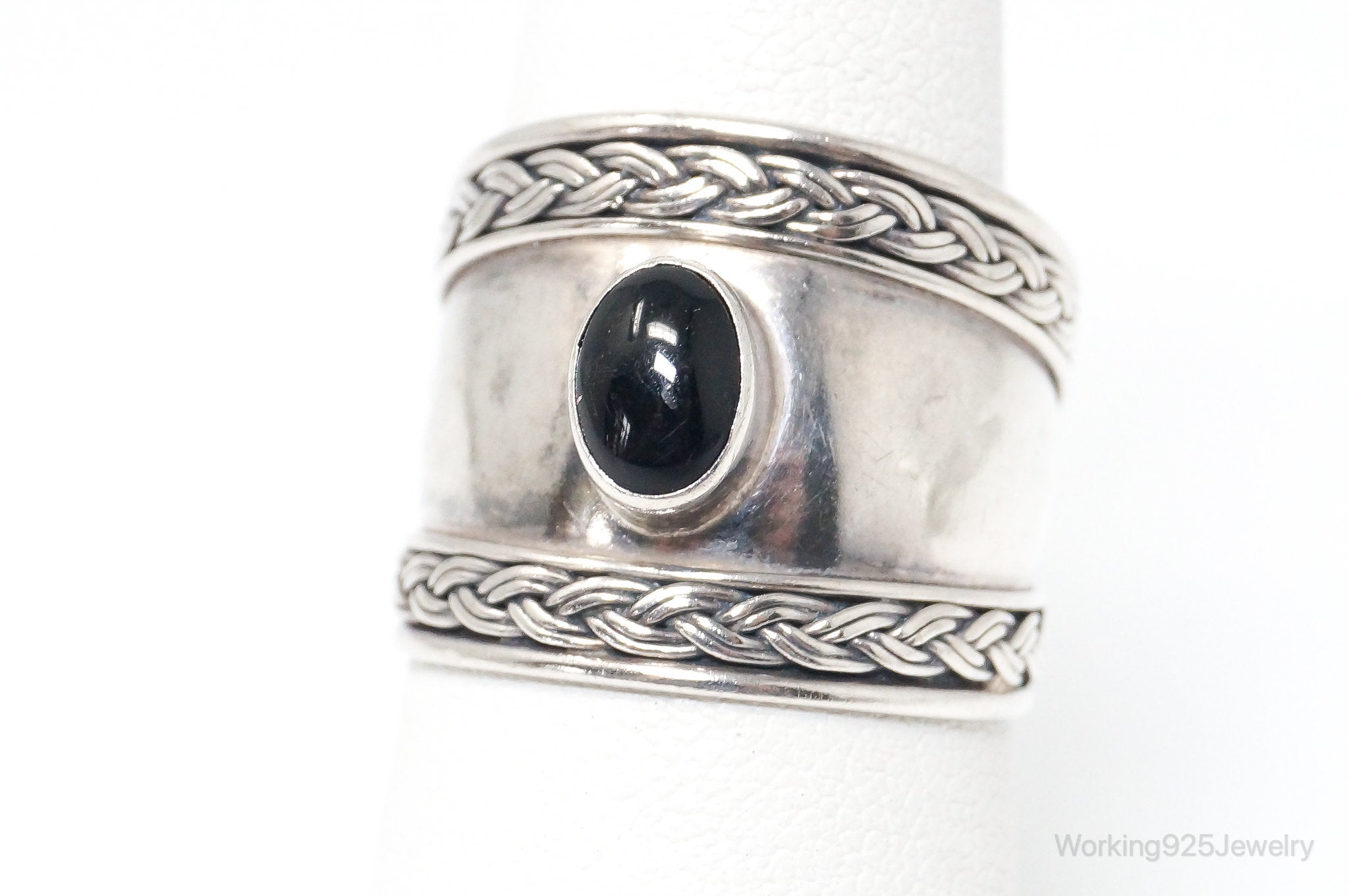 Vintage Bali Style Black Onyx Sterling Silver Ring - Size 7.5