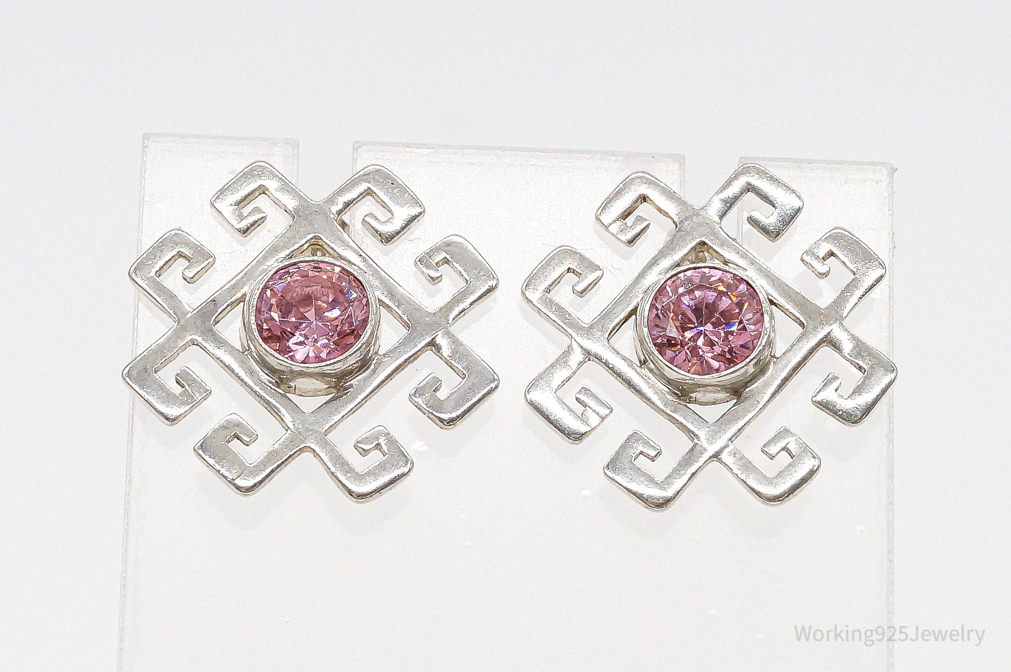 Large Vintage Pink Cubic Zirconia Sterling Silver Earrings