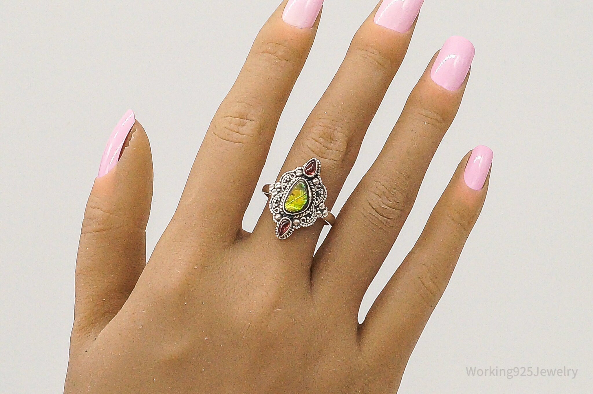 Vintage Ammolite Rhodolite Garnet Sterling Silver Ring - Size 10