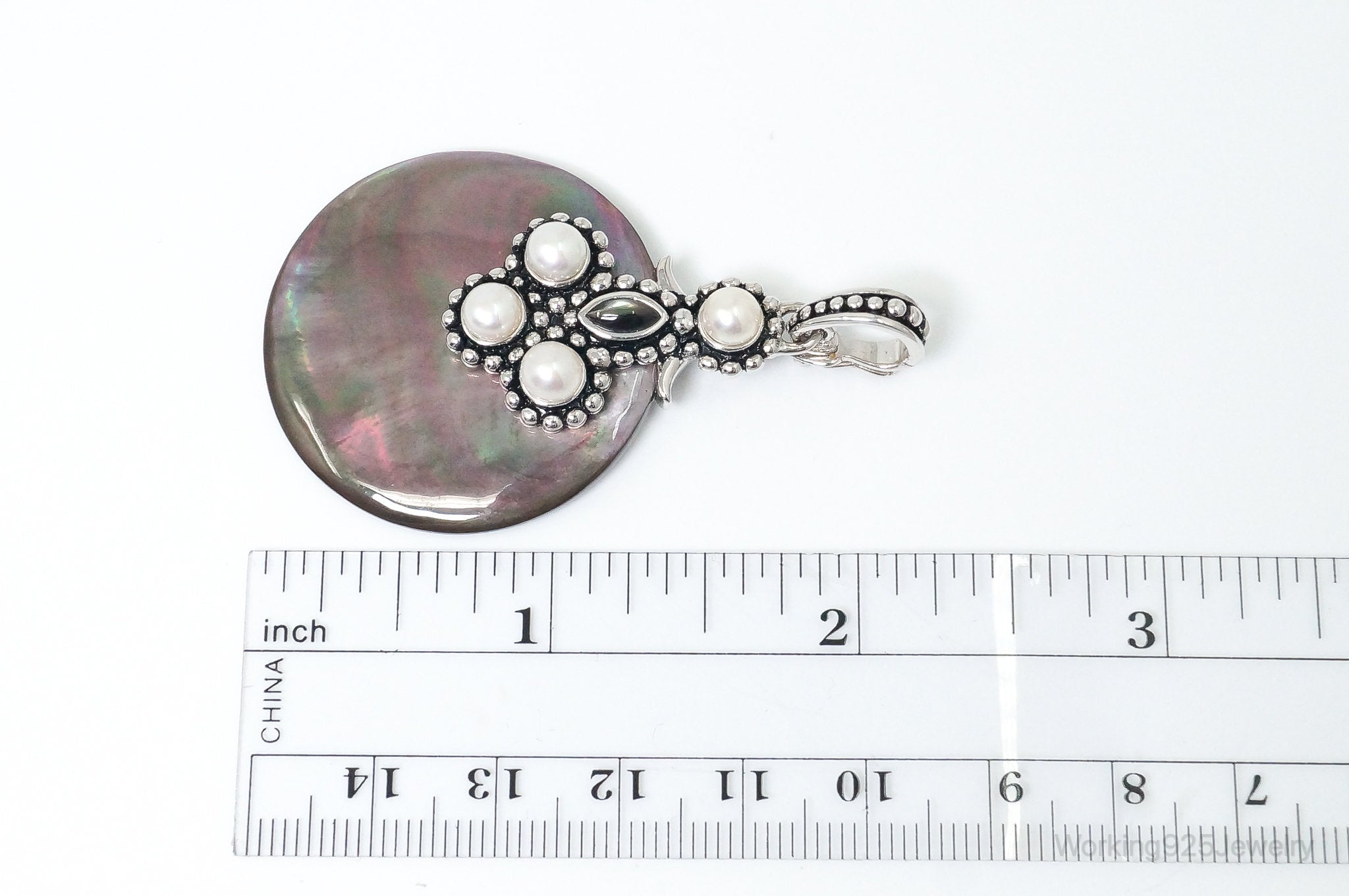 Vintage Designer Large Abalone Shell Pearl Sterling Silver Pendant