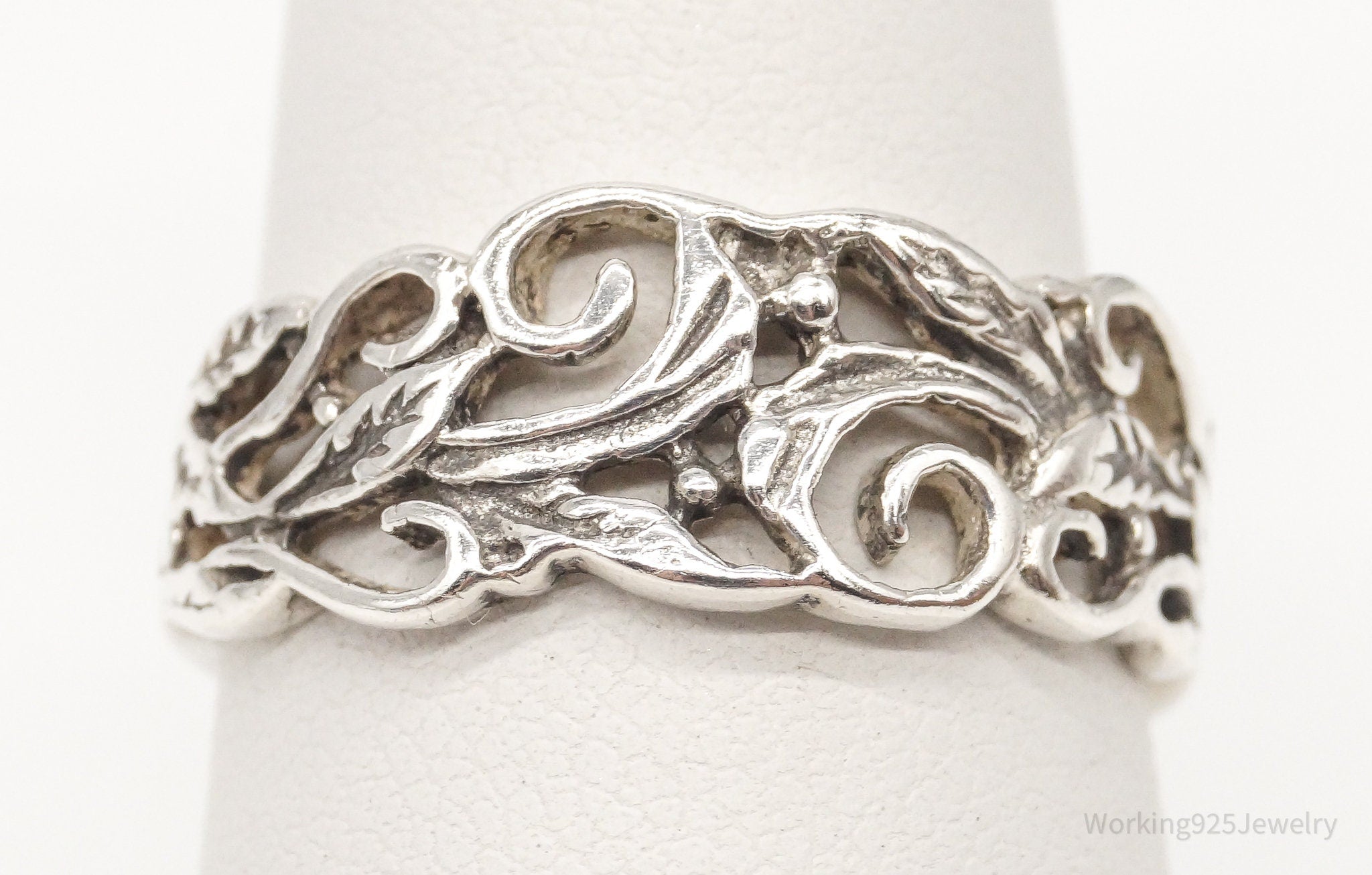 Vintage Flower Band Sterling Silver Ring Size 7.25