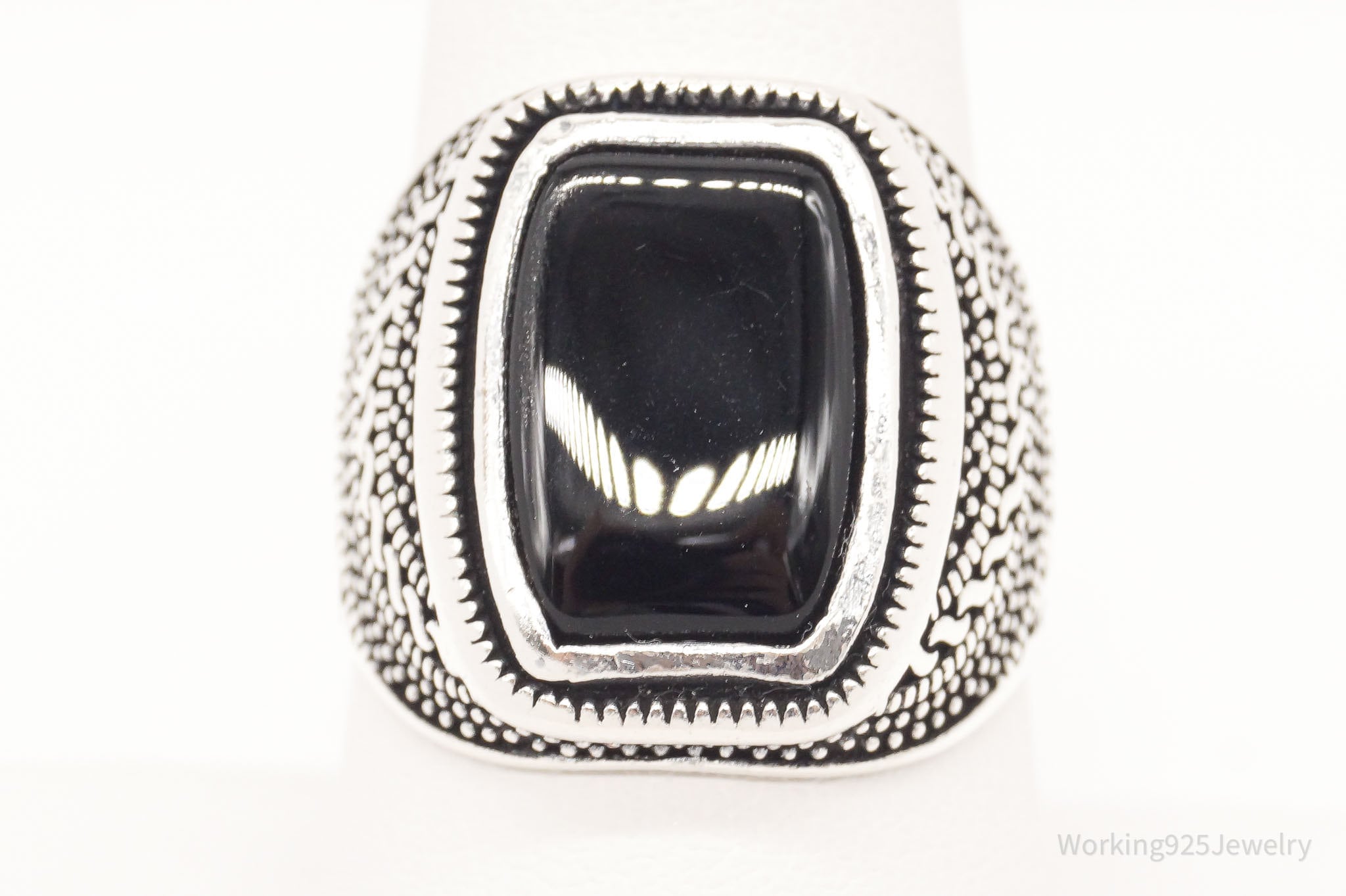 Vintage Bali Style Black Onyx Sterling Silver Ring - Size 8.25