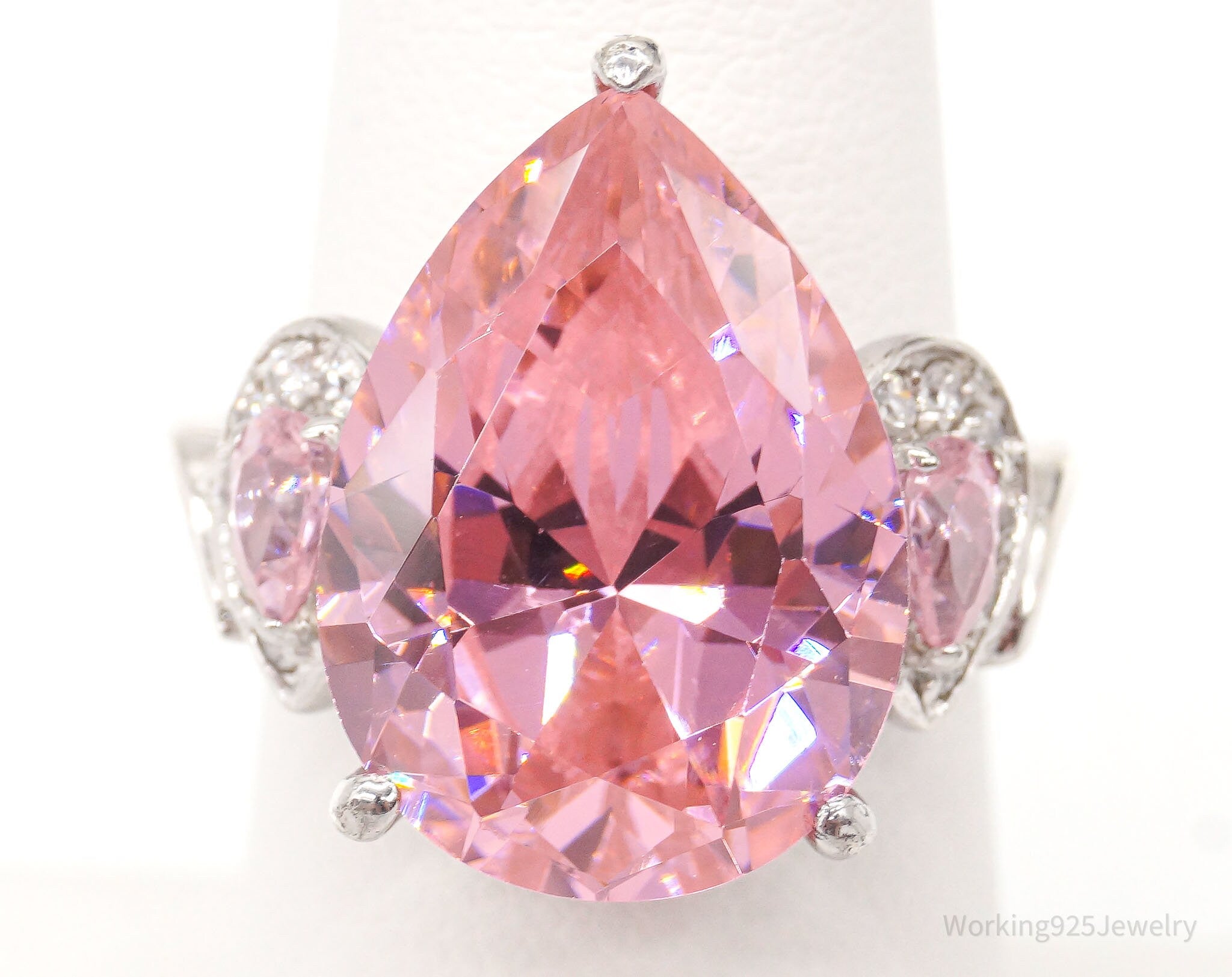 Large Pink & White Cubic Zirconia Sterling Silver Statement Ring - Size 7