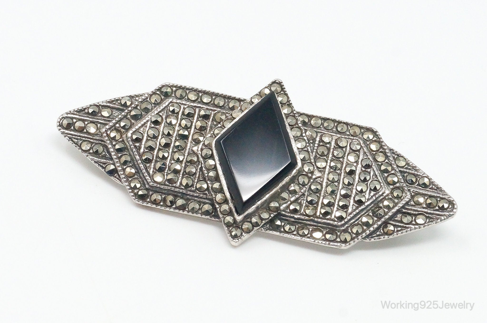 Vintage Black Onyx Marcasite Art Deco Sterling Silver Pin Brooch