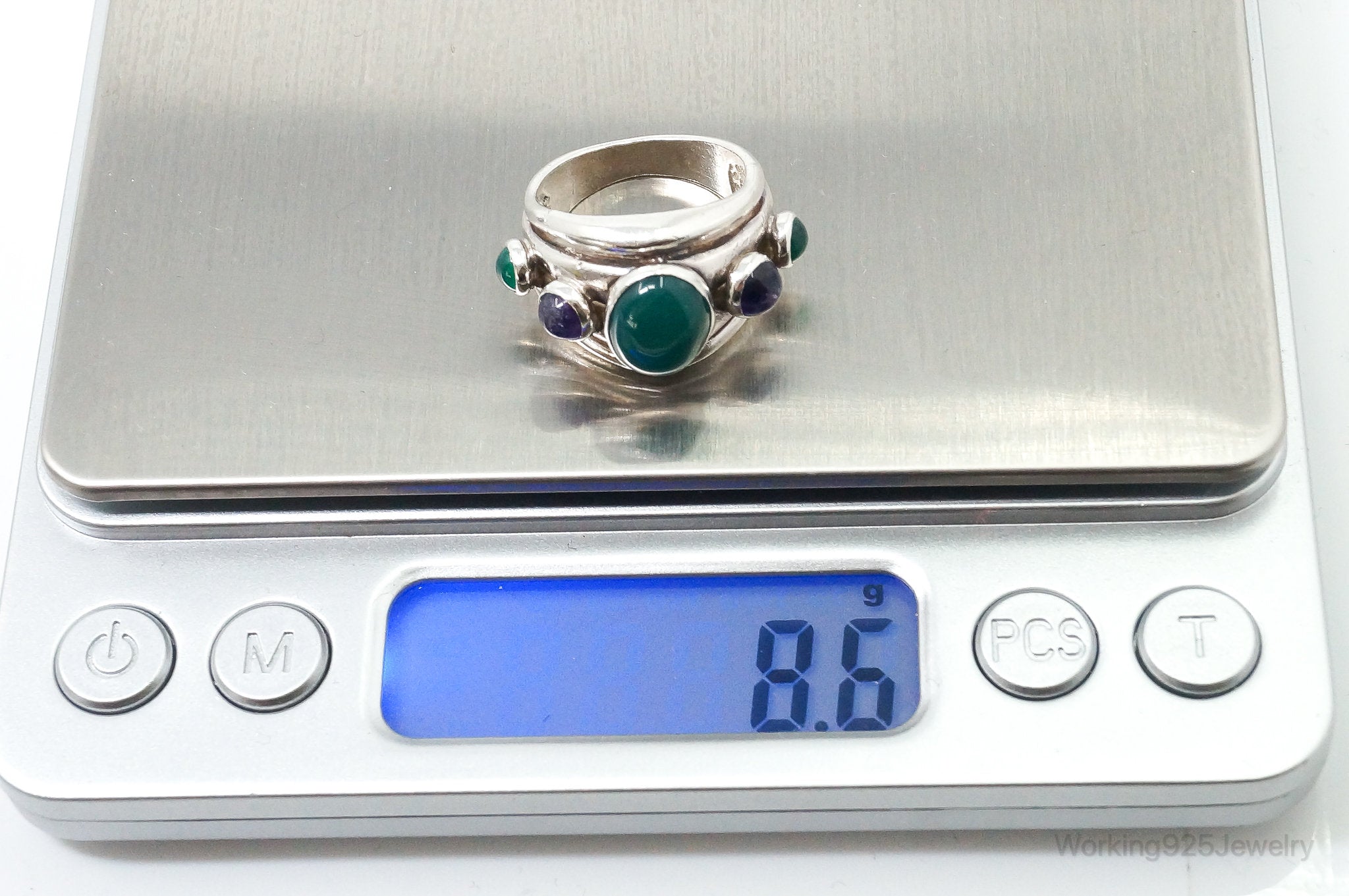 Vintage Green Onyx Amethyst Sterling Silver Ring - Size 6