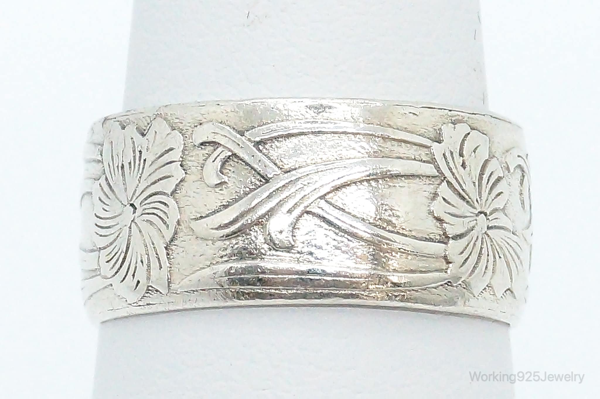 Antique Floral Design Sterling Silver Band Ring - Size 4.5