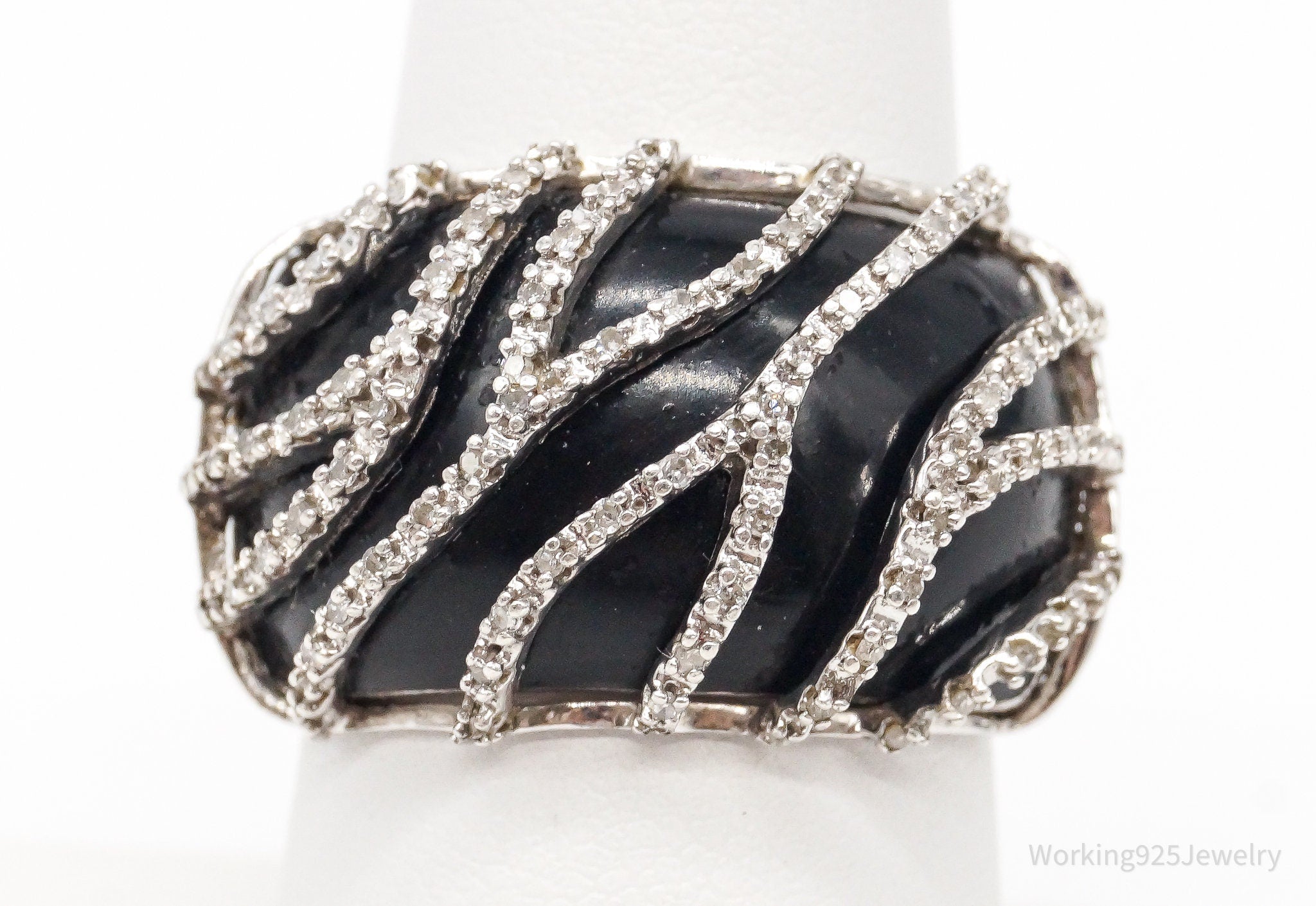 Vintage Designer JWBR Diamond Black Stone Sterling Silver Ring - Size 7