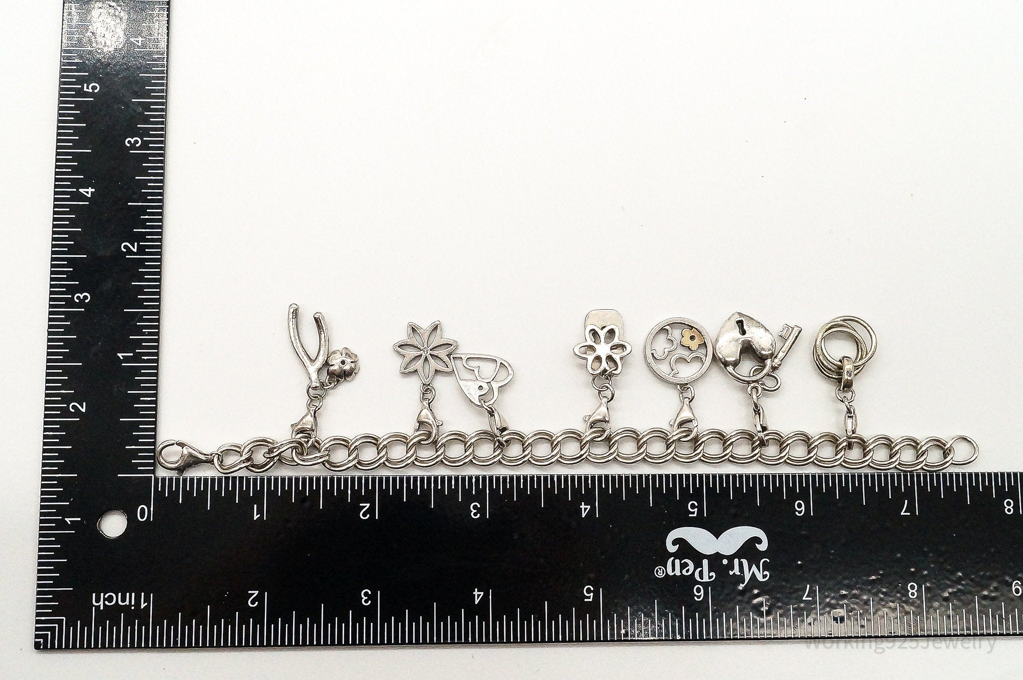 Vintage Hearts & Flowers Charms Diamond Sterling Silver Bracelet