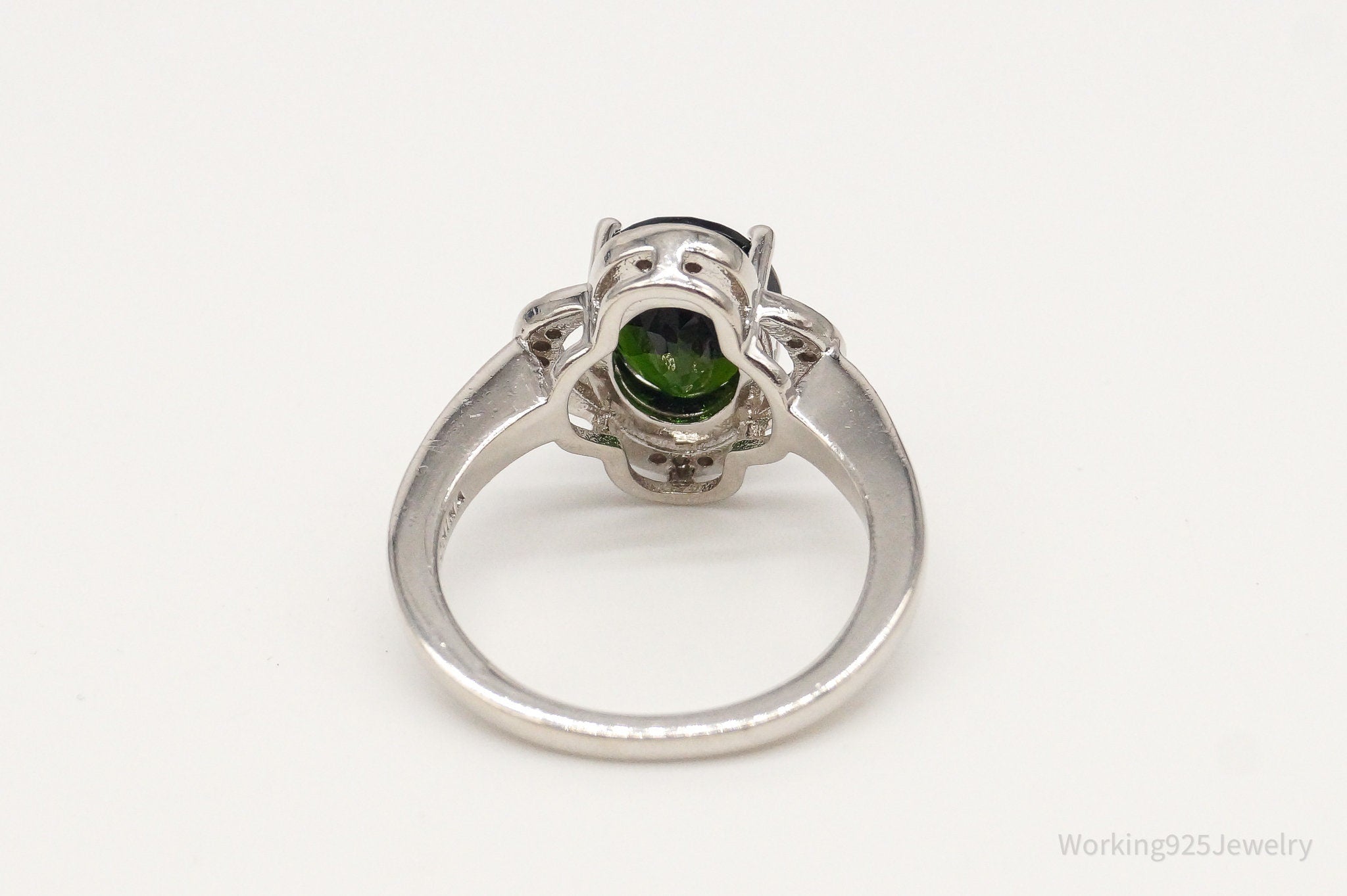 Vintage Designer BBJ Green Stone 4 Diamond Sterling Silver Ring - Size 6.75