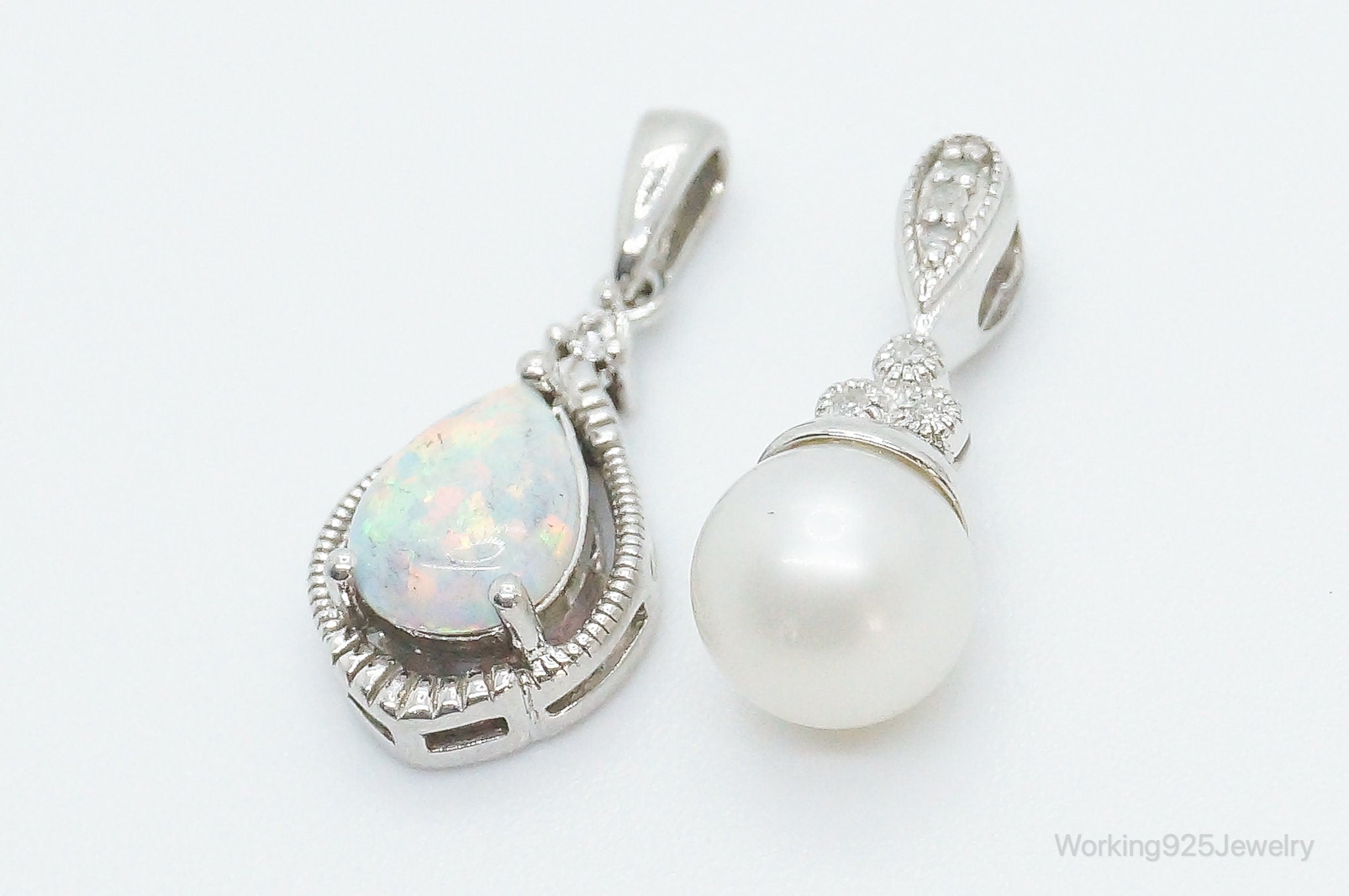 Vintage Designers Pearl Opal Diamond Sterling Silver Necklace Pendants