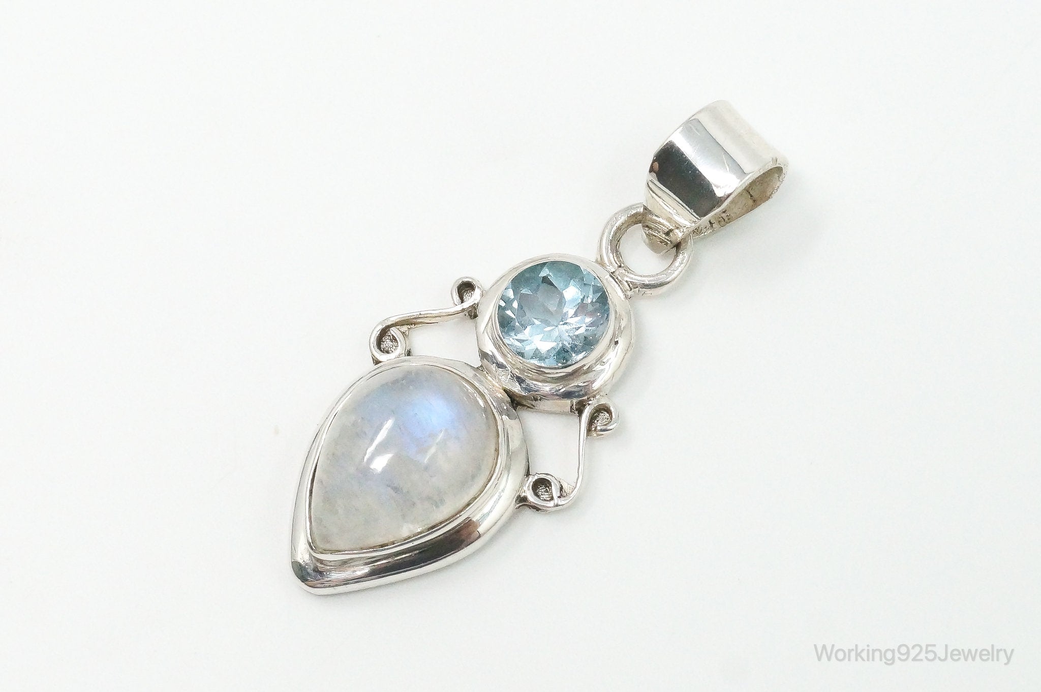 Large Designer Supreme Jewelers Blue Topaz Moonstone Sterling Necklace Pendant