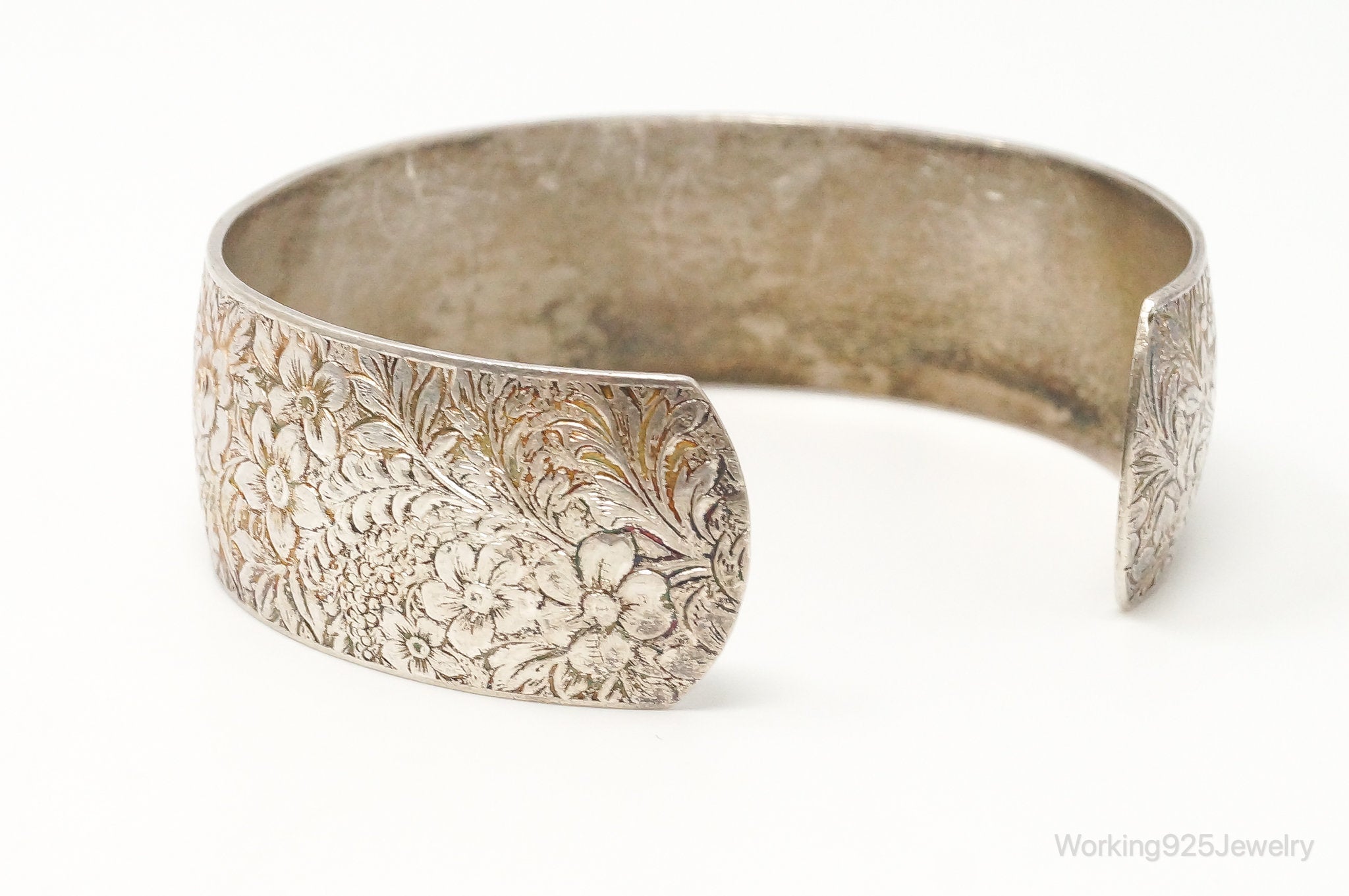 Antique Hayward Art Nouveau Etched Floral Sterling Silver Cuff Bracelet