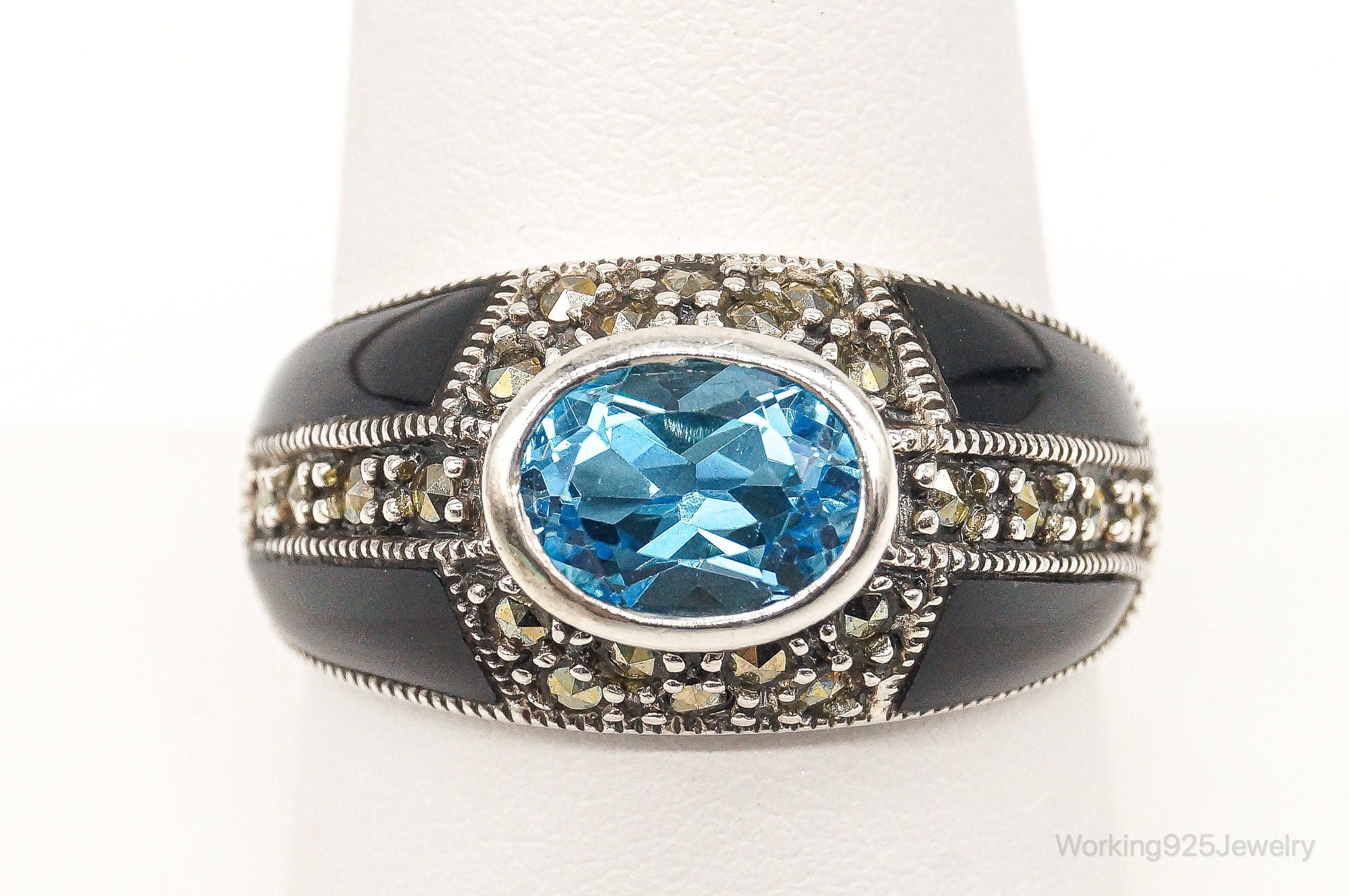 Vintage Blue Topaz Black Onyx Marcasite Sterling Silver Ring SZ 10