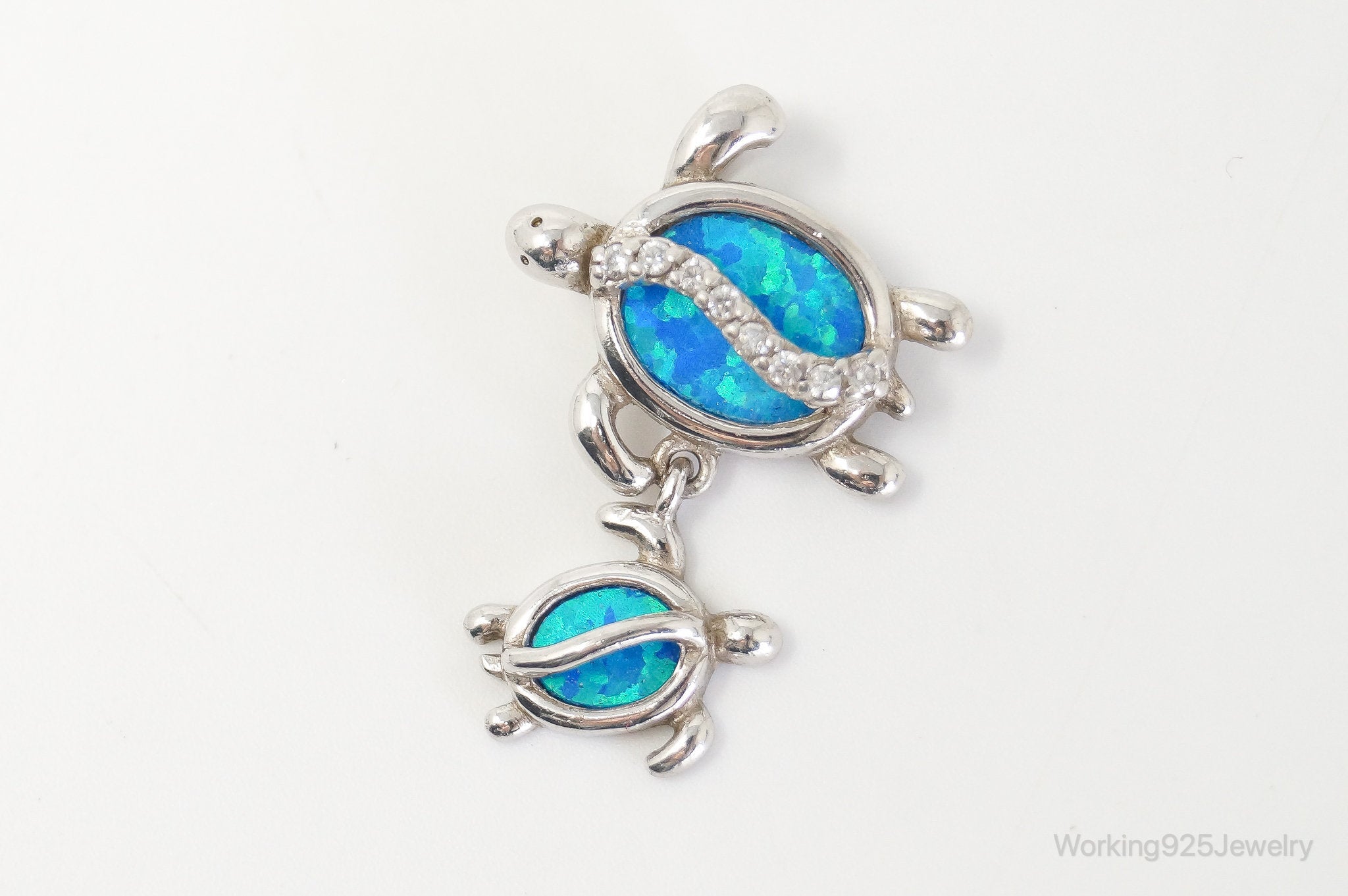 Vintage Blue Fire Opal Cubic Zirconia Sea Turtles Sterling Silver Pendant