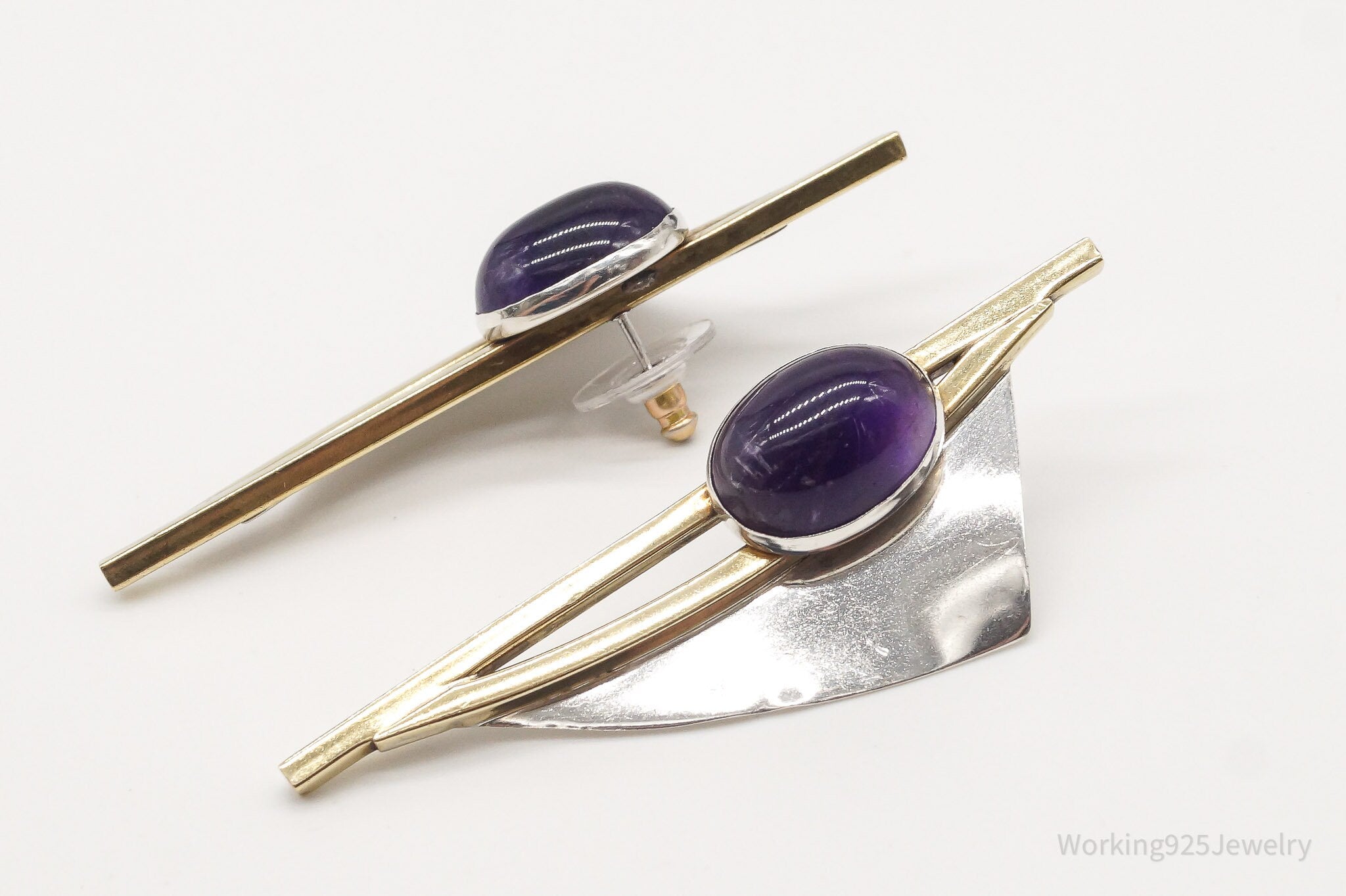 Large Vintage Modernist AJV Amethyst Brass Sterling Silver Earrings