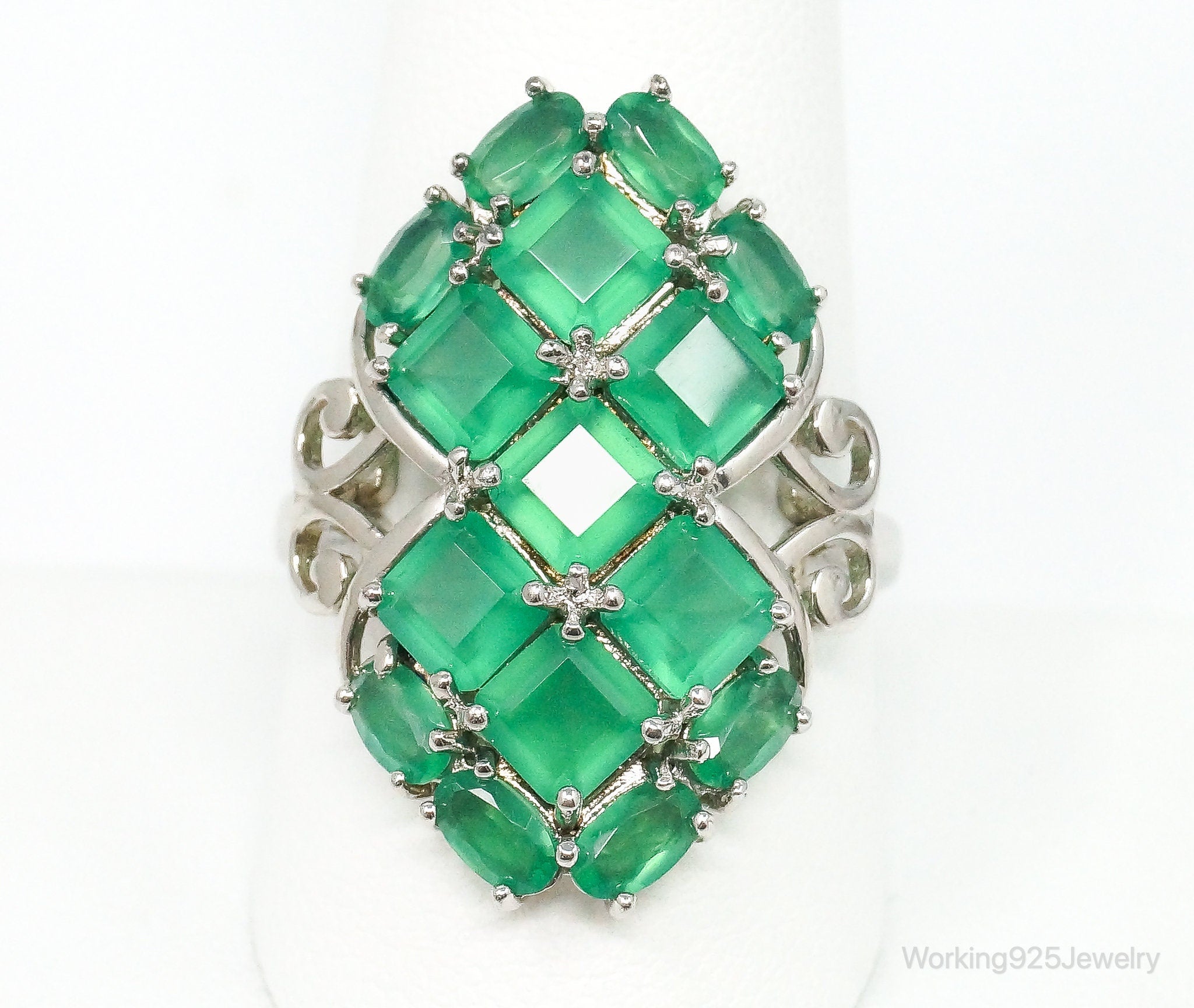 Vintage Designer DK Green Chalcedony Sterling Silver Ring - Size 10