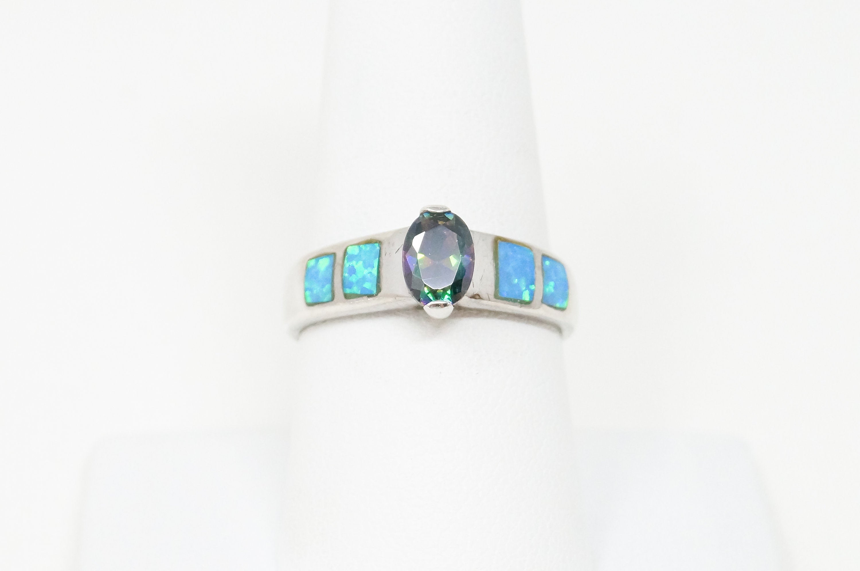 Vintage Art Deco Mystic Topaz Blue Fire Opal Sterling Silver Ring - SZ 8.5