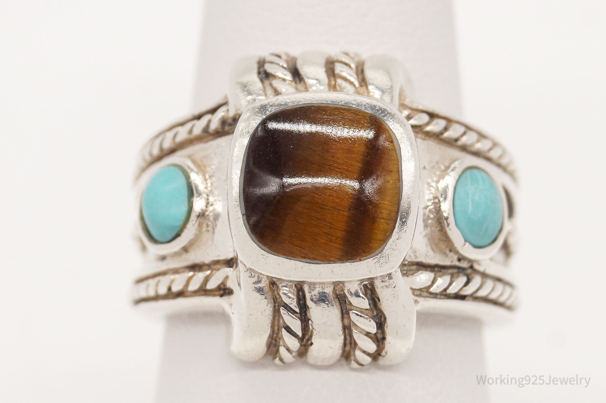 Vintage Designer CFJ Tigers Eye Turquoise Sterling Silver Ring - Size 7.75