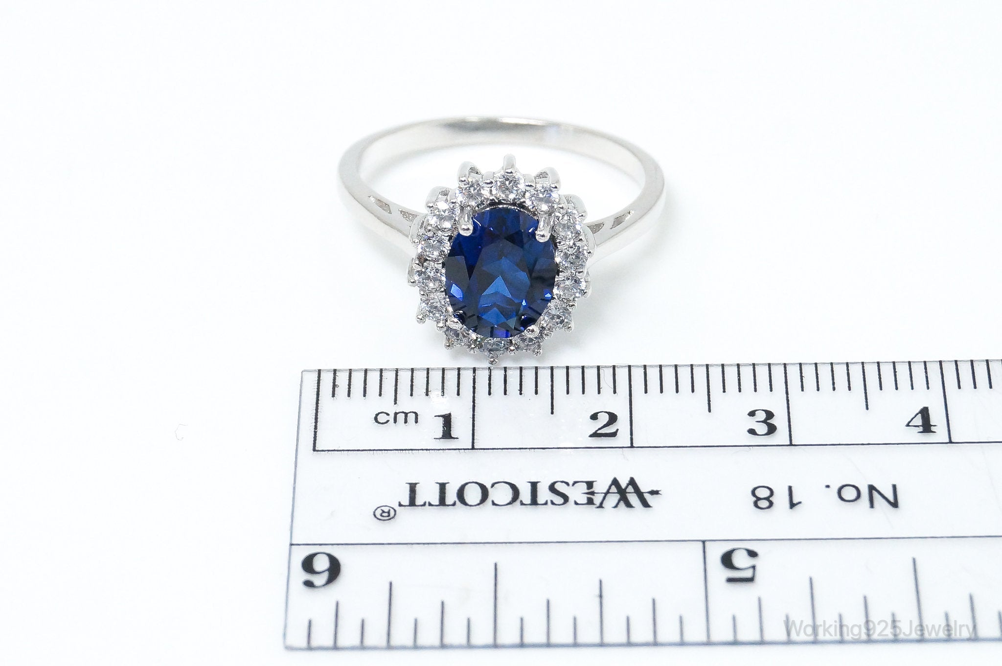 Vintage Art Deco Blue Lab Sapphire CZ Sterling Silver Ring - Size 9.25