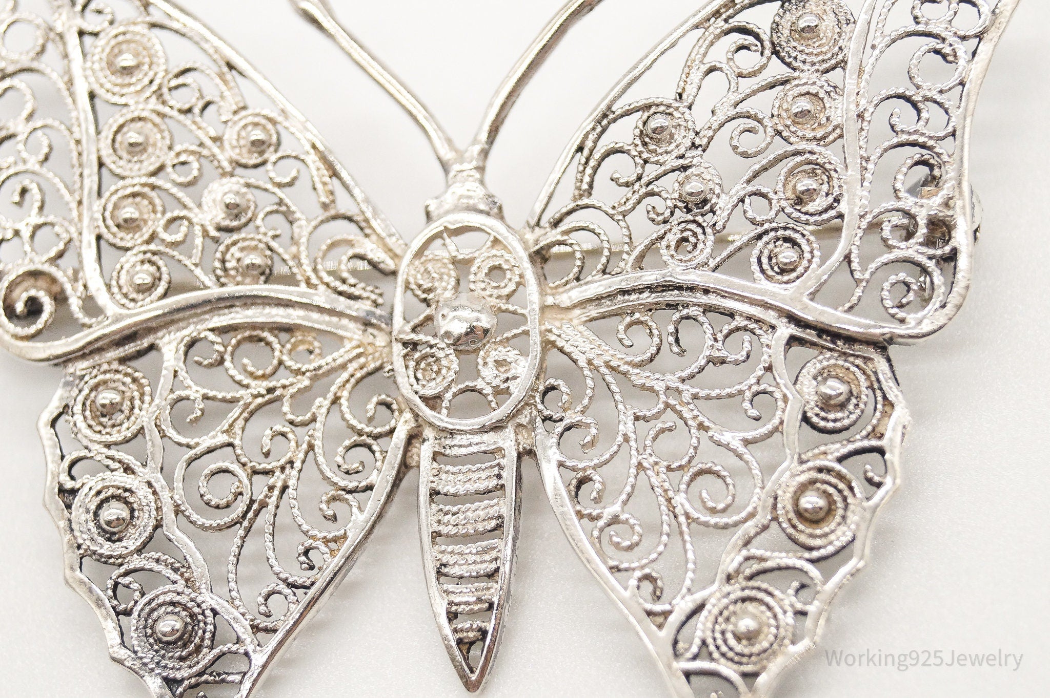 Large Antique Filigree Butterfly Sterling Silver Brooch Pin