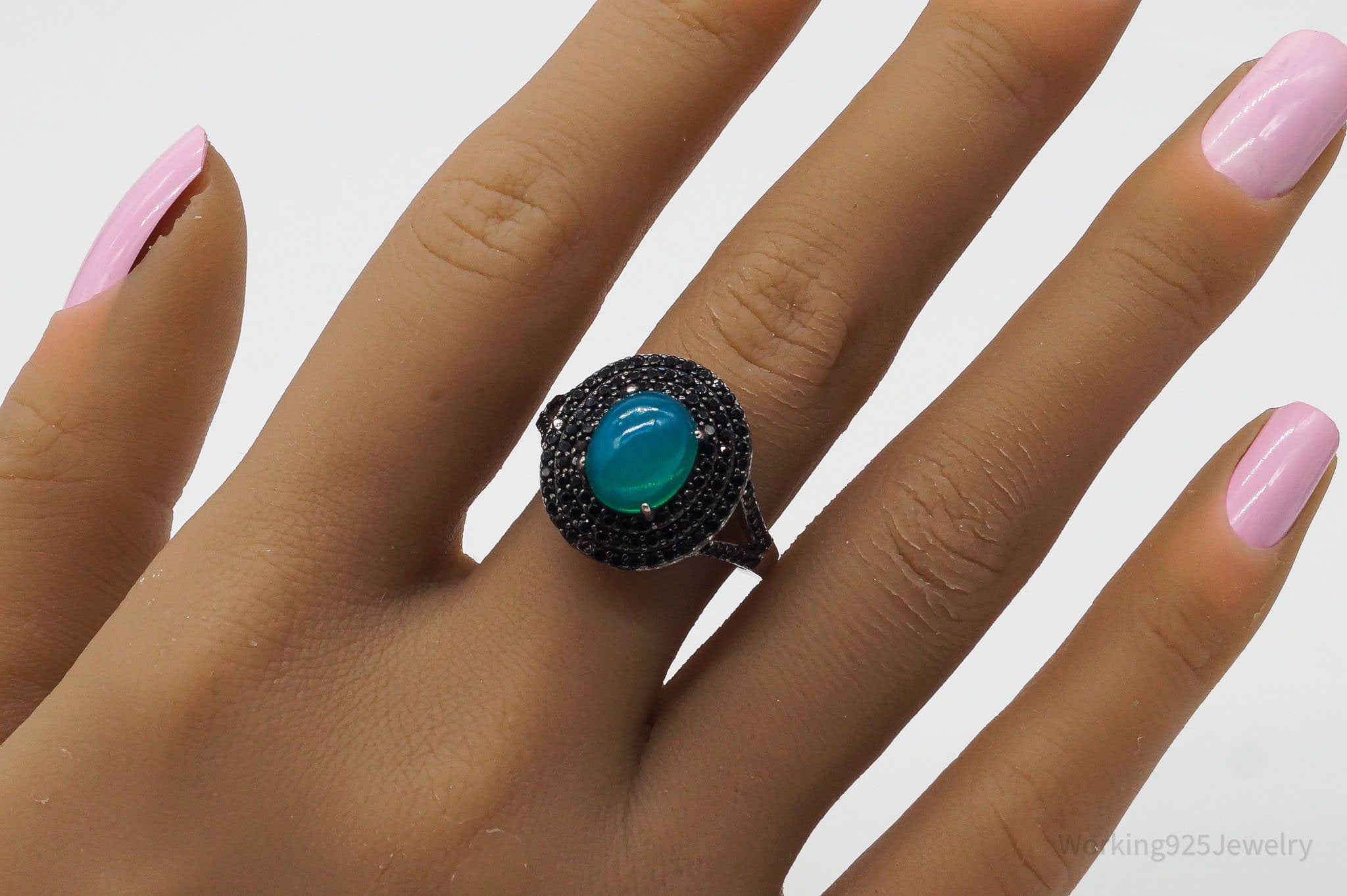 Designer KJC Blue Opal Black Spinel Sterling Silver Ring - Size 9.75