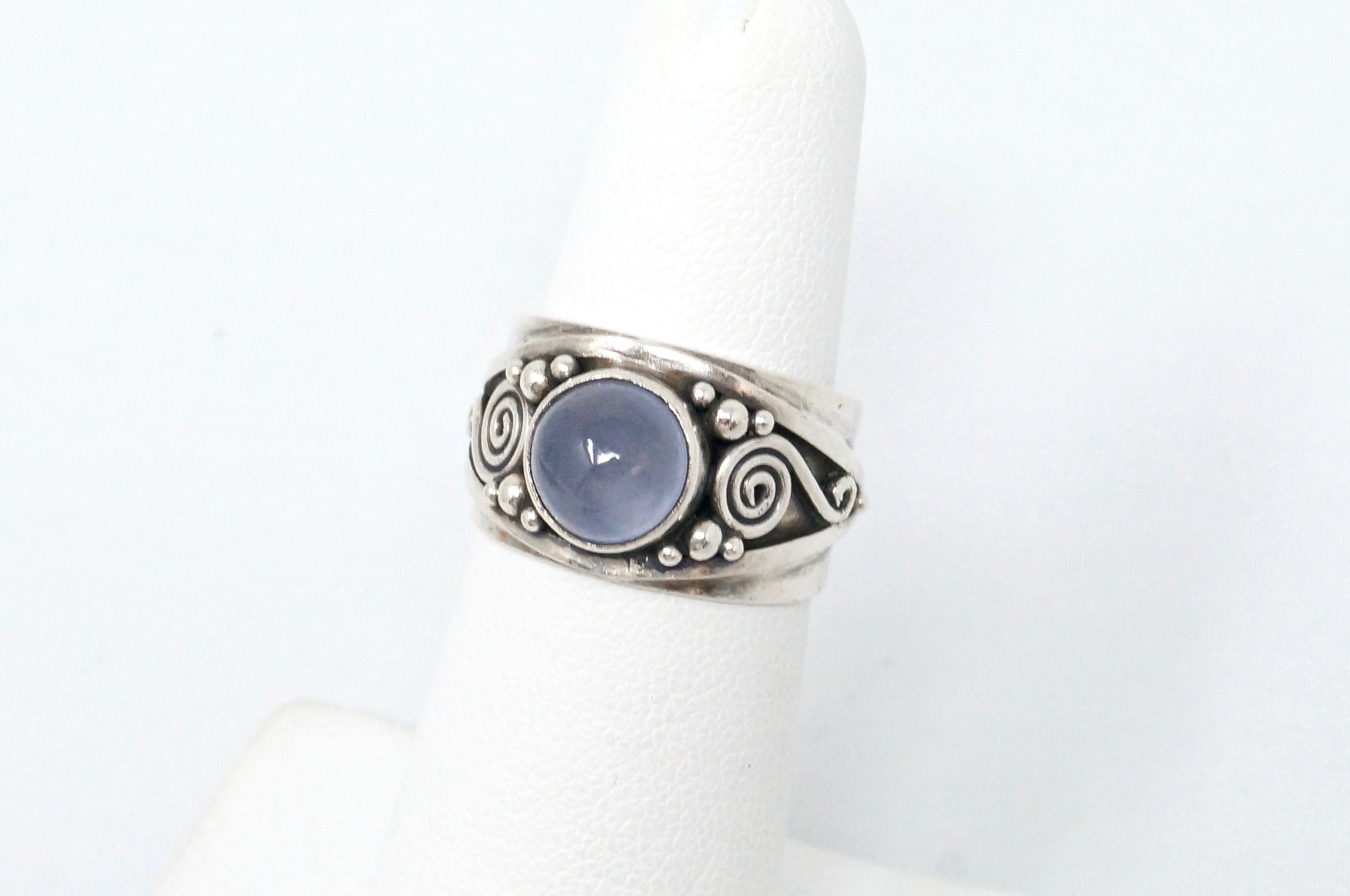 Vintage Blue Chalcedony Scroll Sterling Silver Band Ring - Size 5.5