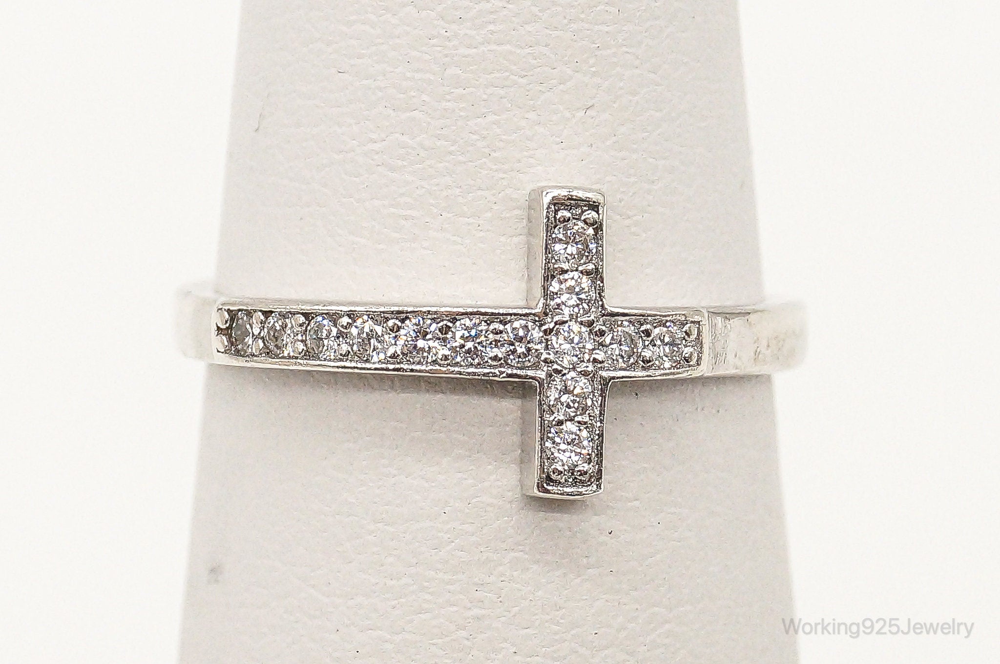 Vintage Cubic Zirconia Cross Sterling Silver Ring - Size 4.75