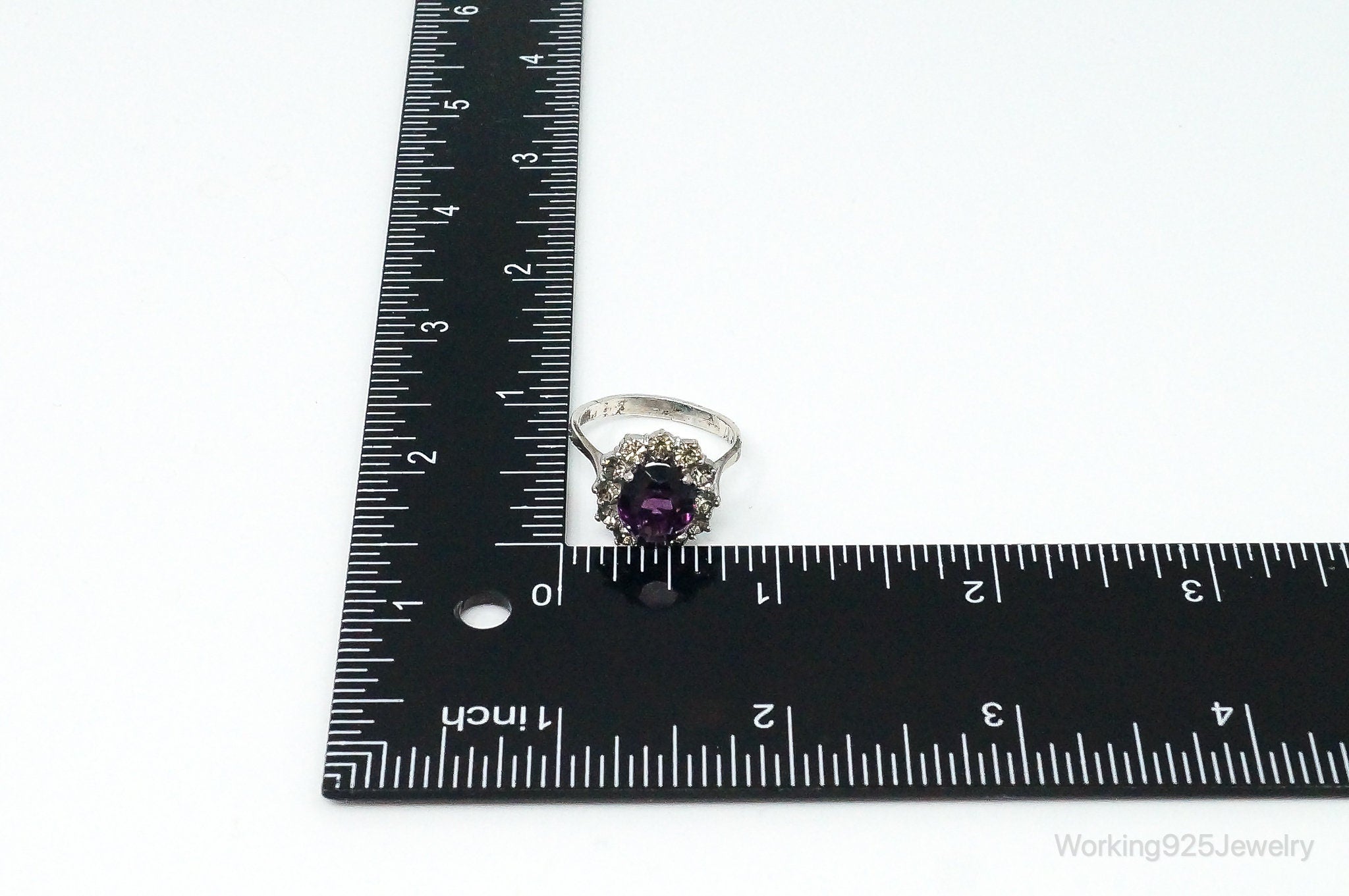 Antique Amethyst Rhinestone Sterling Silver Ring - Size 8.75