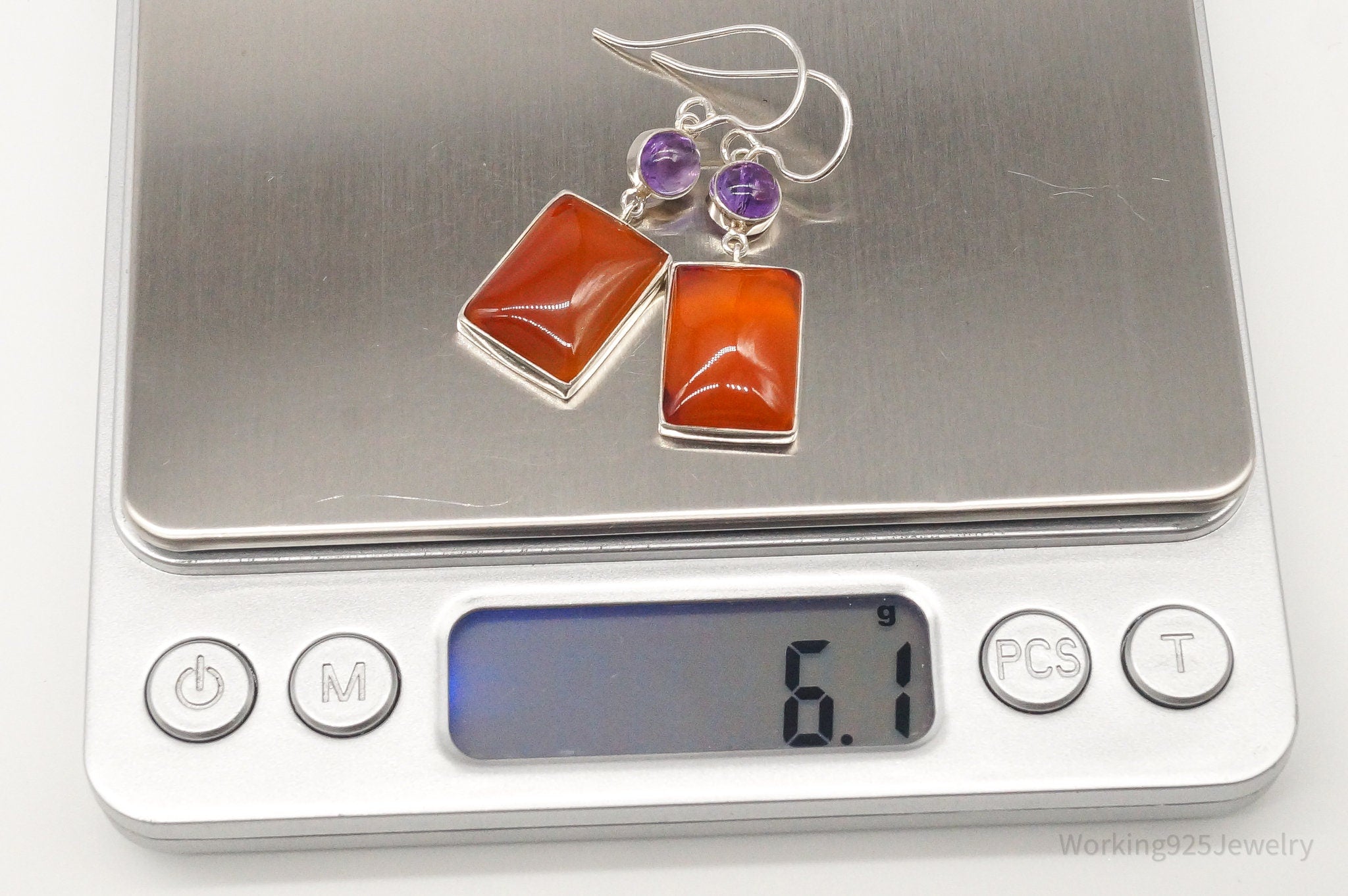 Vintage Carnelian Amethyst Sterling Silver Dangle Earrings