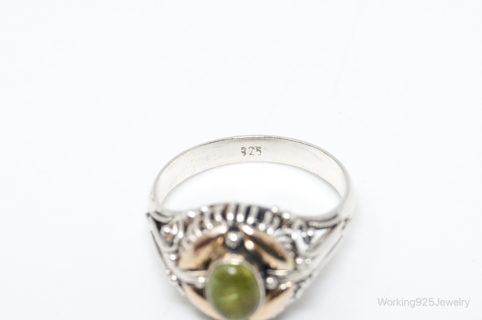 Vintage Bali Style Peridot Brass Sterling Silver Ring - Size 7.75