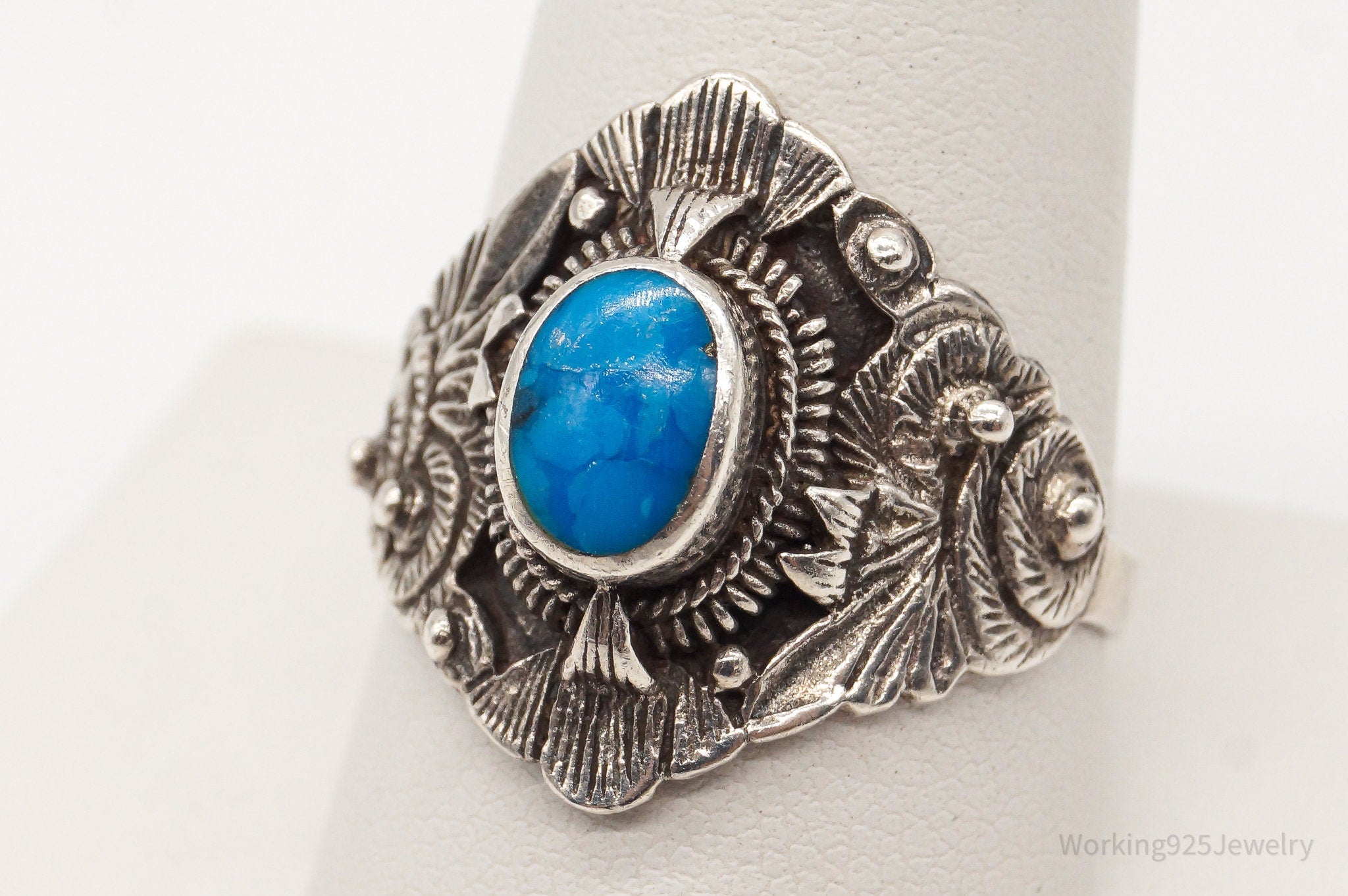 Vintage Blue Turquoise Sterling Silver Ring - Size 10