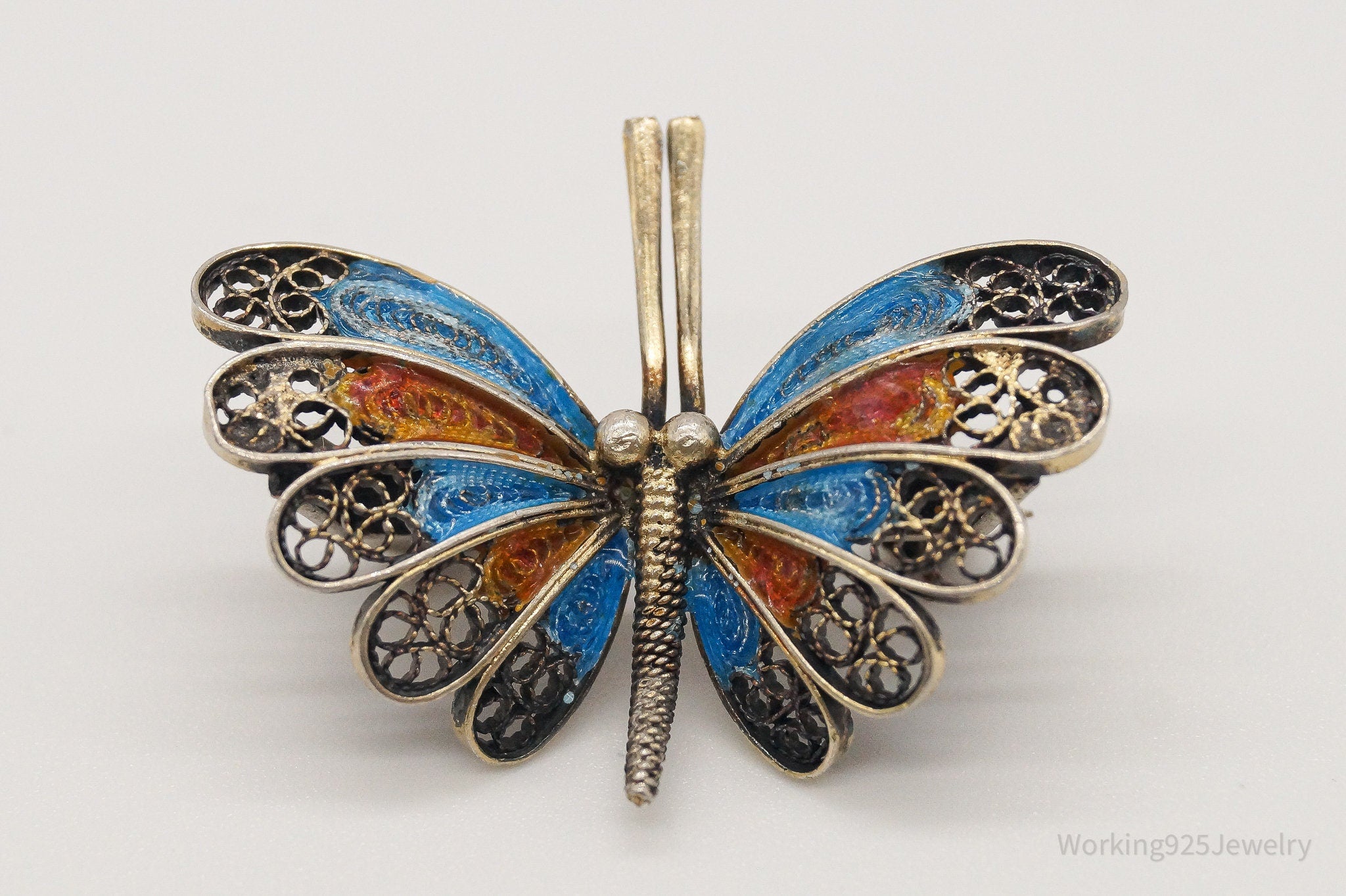 Vintage Butterfly Enamel Gold Wash 800 Silver Filigree Pin Brooch